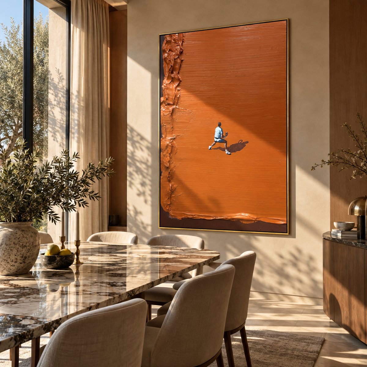 Amber Onyx Court Terraces Pause - textured tennis painting displayed in a styled interior