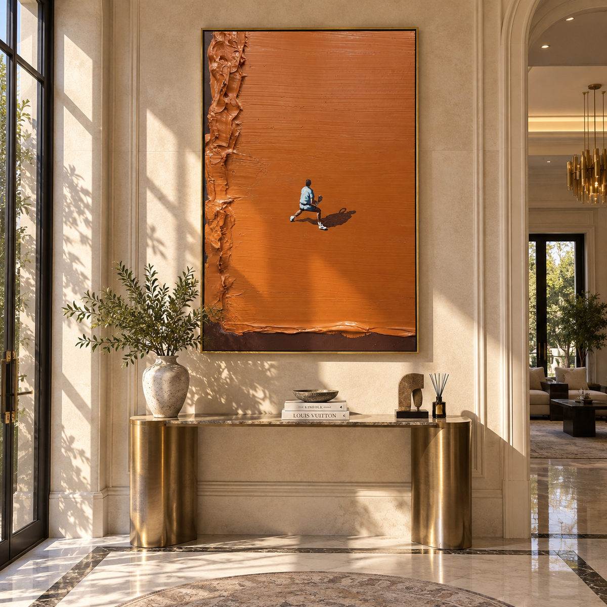 Amber Onyx Court Terraces Pause - textured tennis painting shown in modern room setting 3