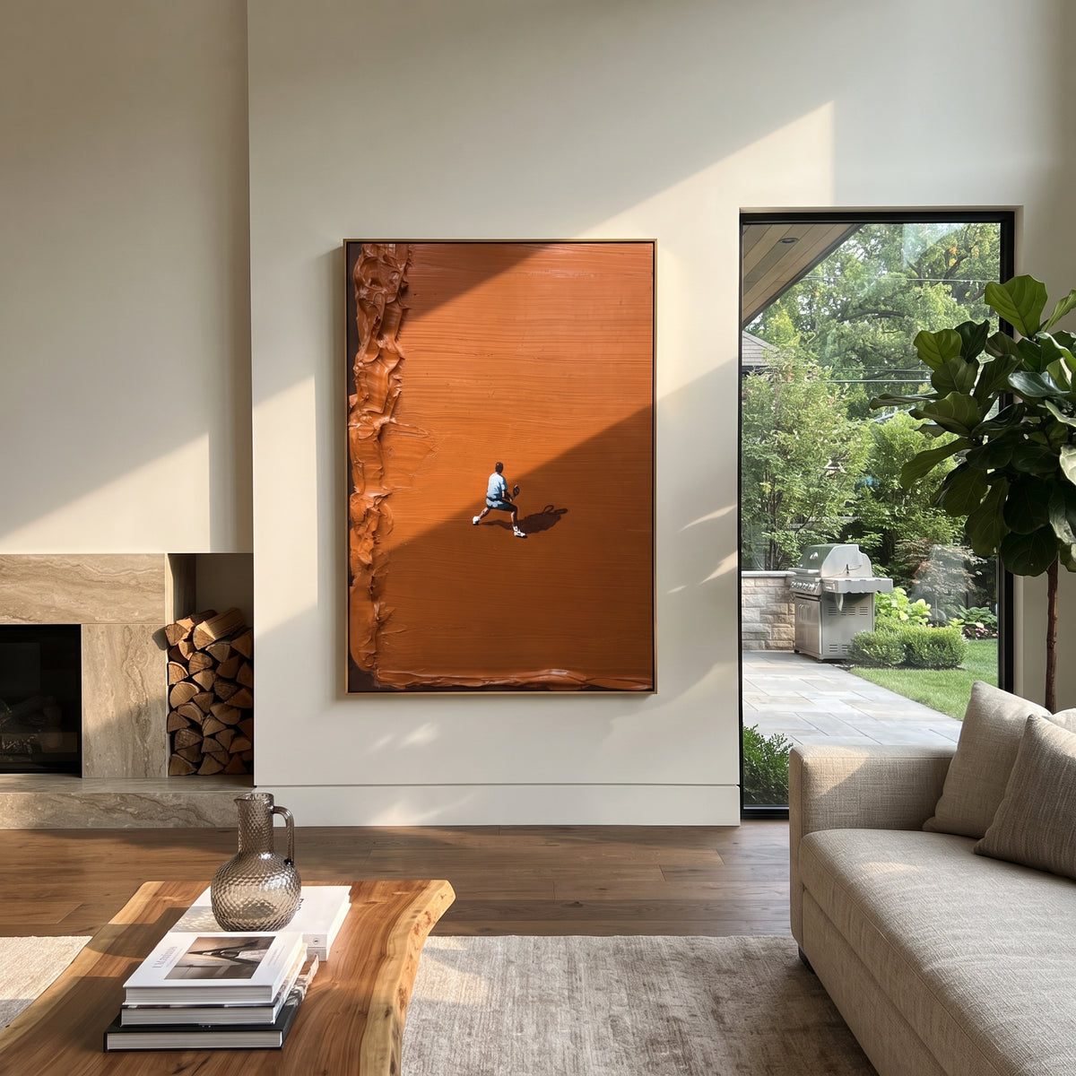 Amber Onyx Court Terraces Pause - textured tennis painting shown in modern room setting 4
