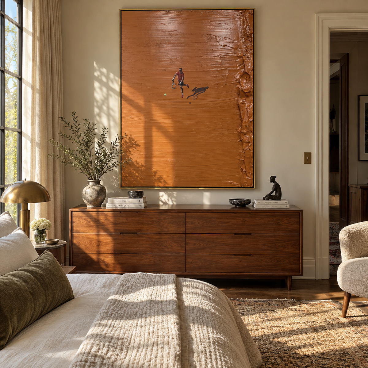 Amber Crimson Court Field Calm - textured tennis painting displayed in a styled interior