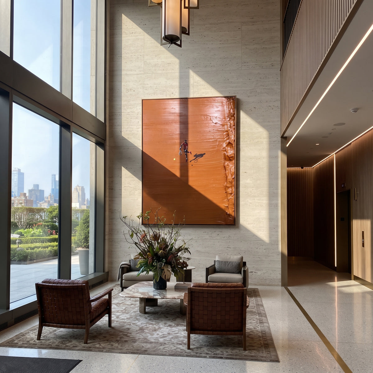 Amber Crimson Court Field Calm - textured tennis painting shown in modern room setting 2