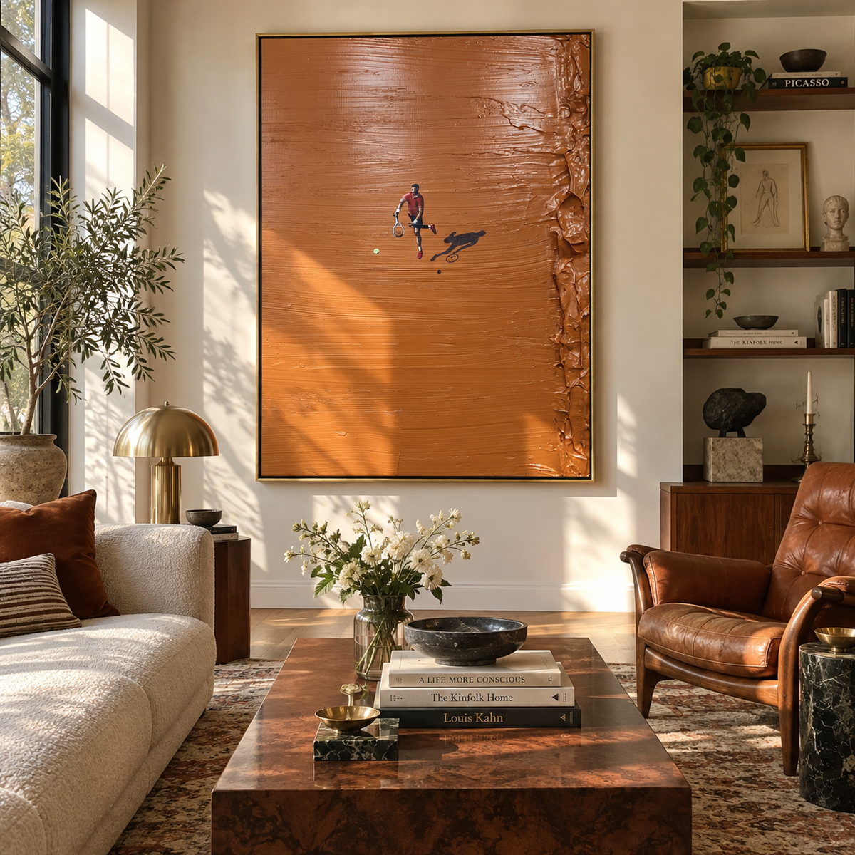Amber Crimson Court Field Calm - textured tennis painting shown in modern room setting 4
