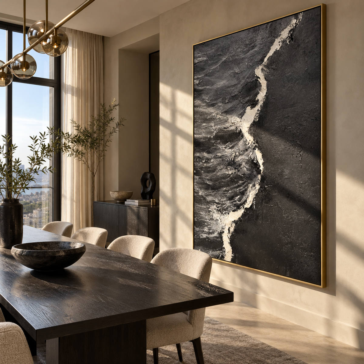 Slate Onyx Azure Passage Stillness - textured abstract painting shown in modern room setting 2