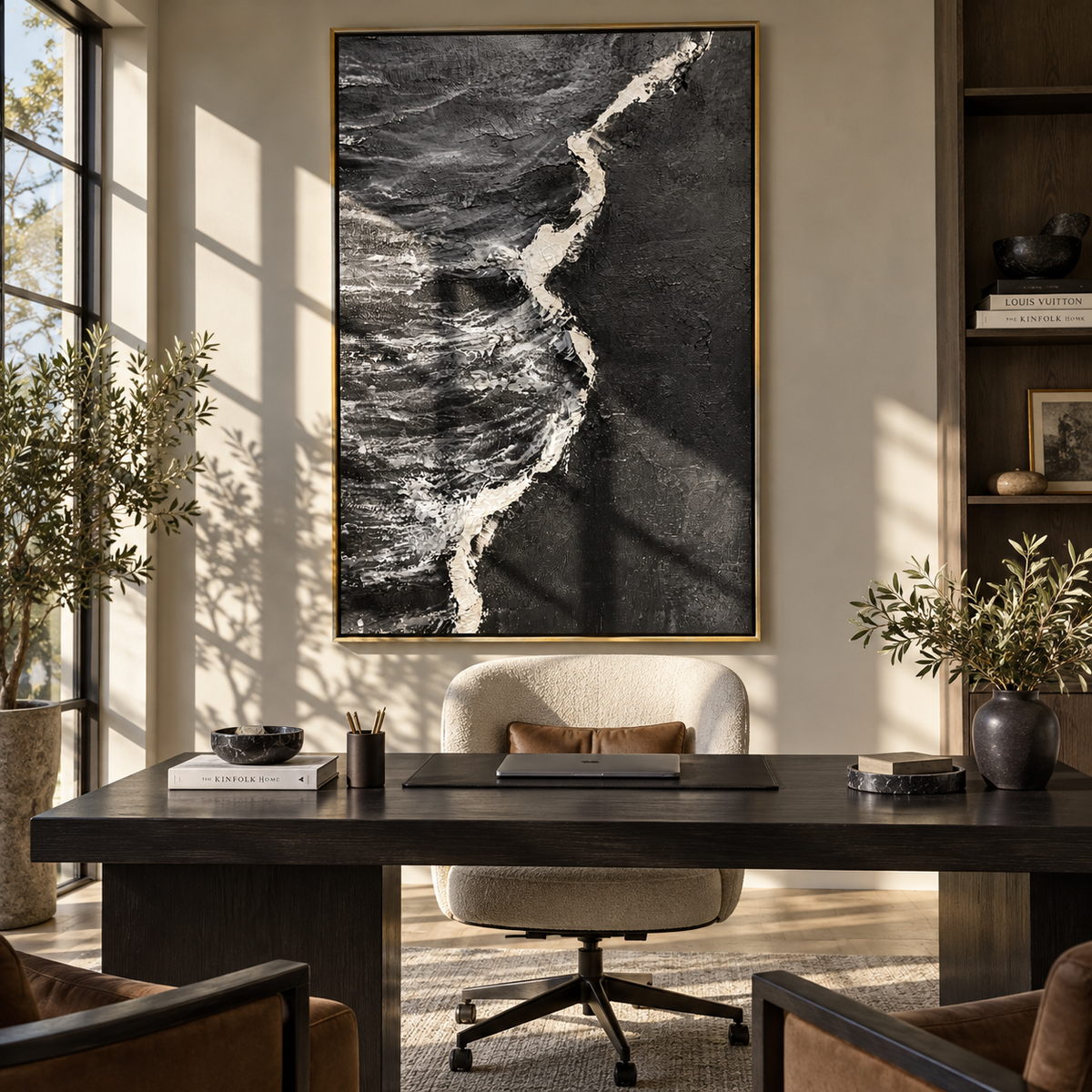 Slate Onyx Azure Passage Stillness - textured abstract painting shown in modern room setting 4