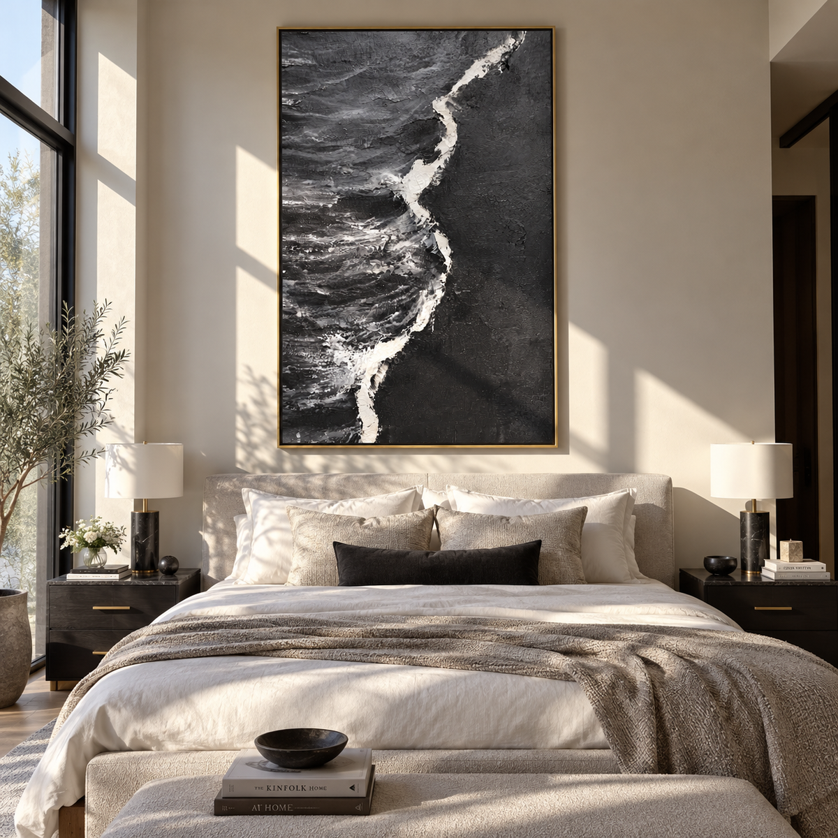 Slate Onyx Azure Passage Stillness - textured abstract painting shown in modern room setting 5
