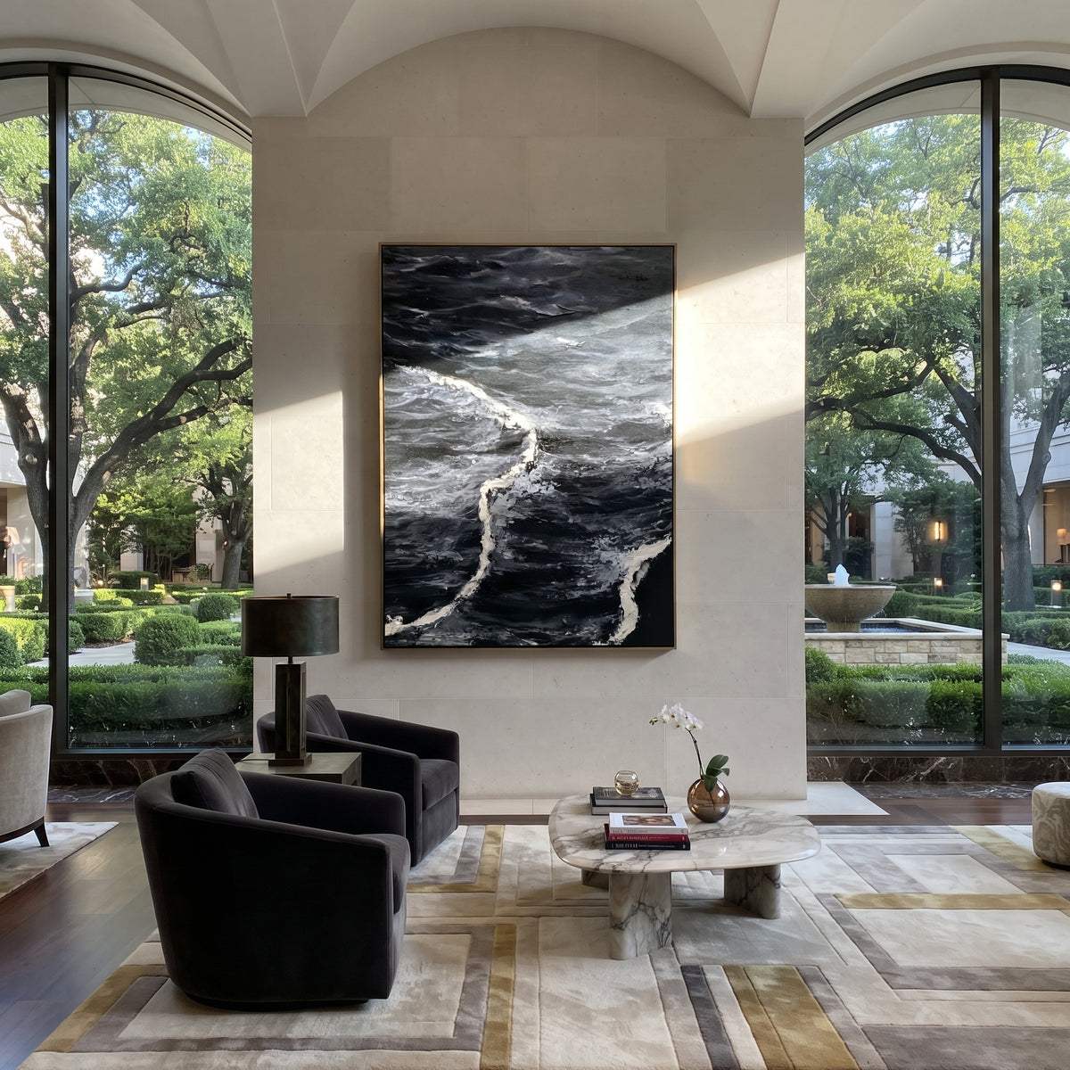 Slate Onyx Horizon Tides Air - textured landscape painting displayed in a styled interior