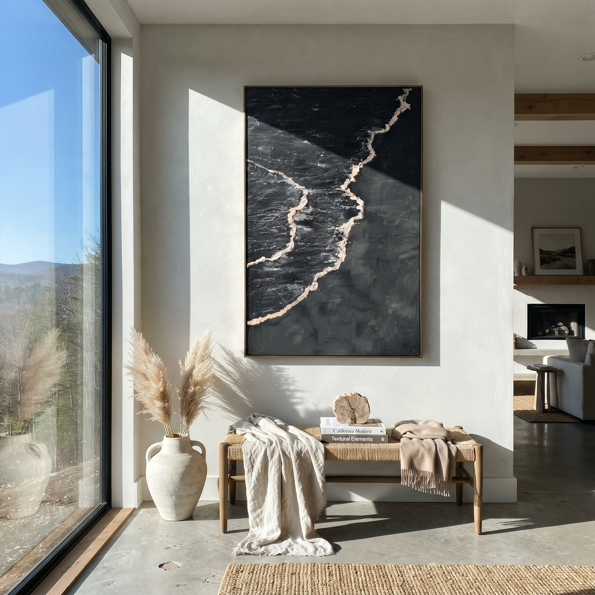 Onyx Slate Azure Currents Rain - textured abstract painting displayed in a styled interior