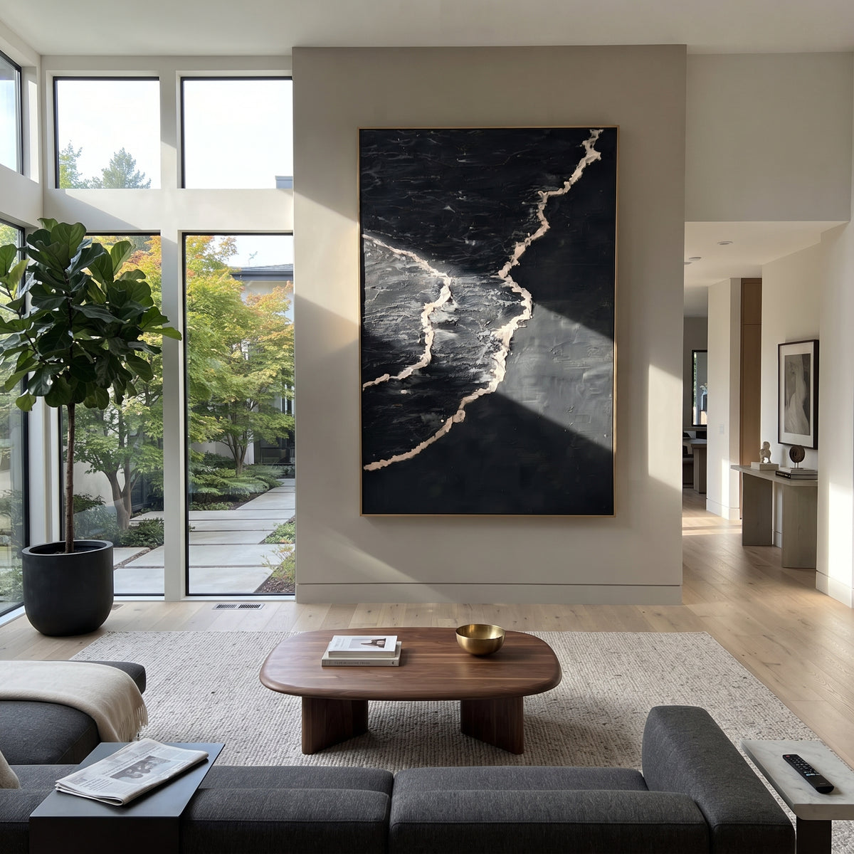 Onyx Slate Azure Currents Rain - textured abstract painting shown in modern room setting 2