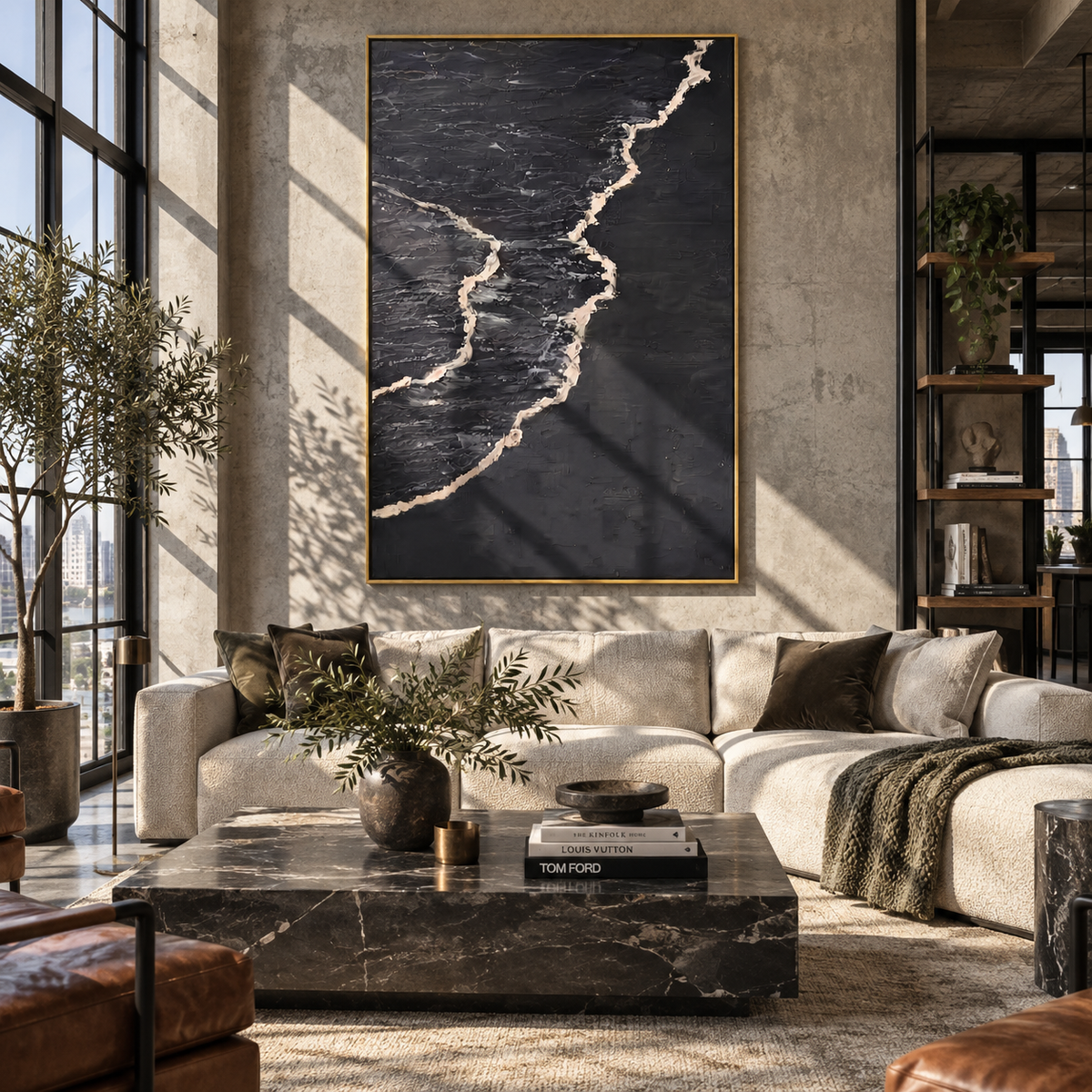 Onyx Slate Azure Currents Rain - textured abstract painting shown in modern room setting 3