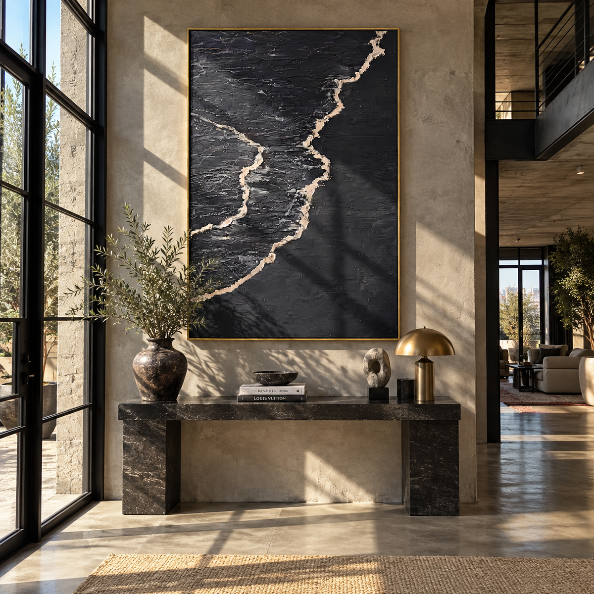 Onyx Slate Azure Currents Rain - textured abstract painting shown in modern room setting 4