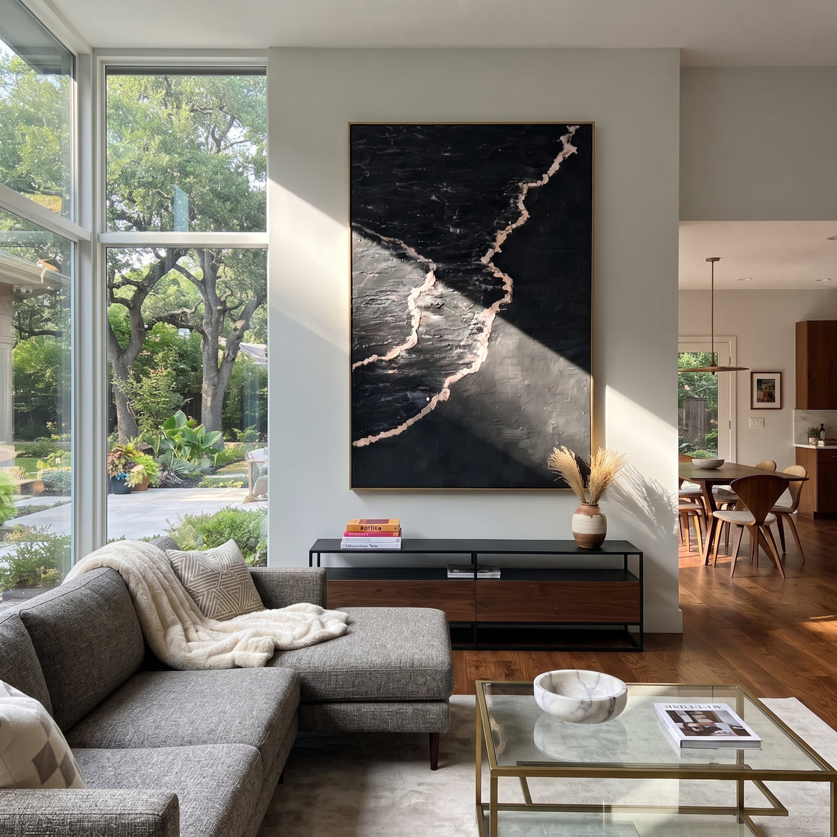 Onyx Slate Azure Currents Rain - textured abstract painting shown in modern room setting 5