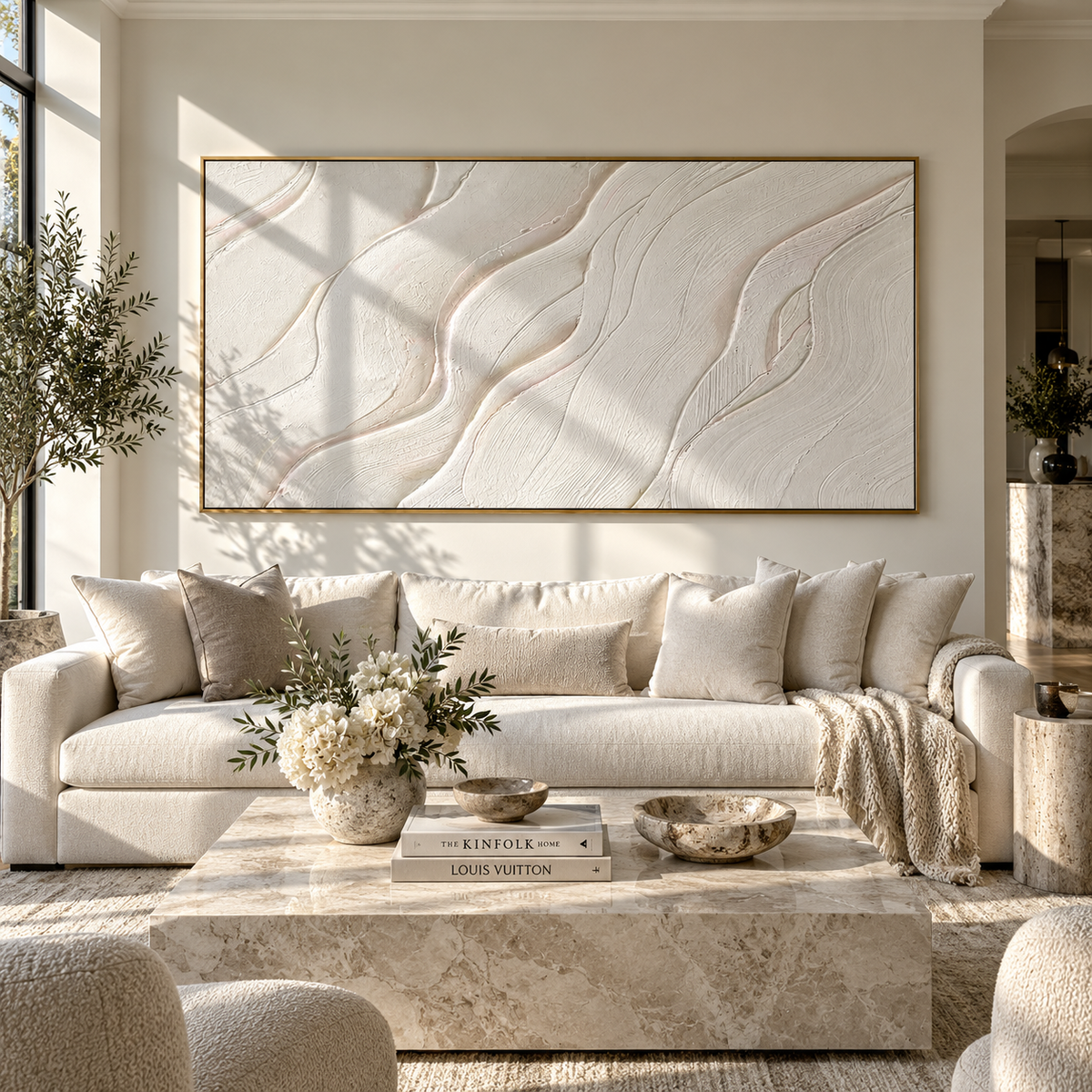 Slate Onyx Amber Layers Cadence - textured abstract painting displayed in a styled interior