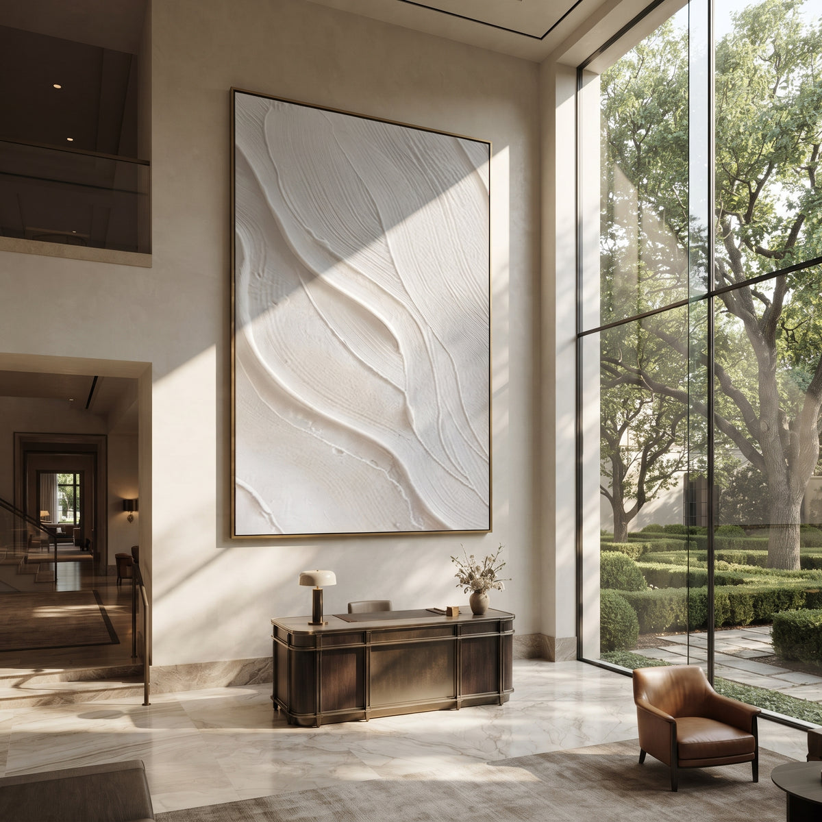 Slate Onyx Linen Contours Light - textured abstract painting shown in modern room setting 2