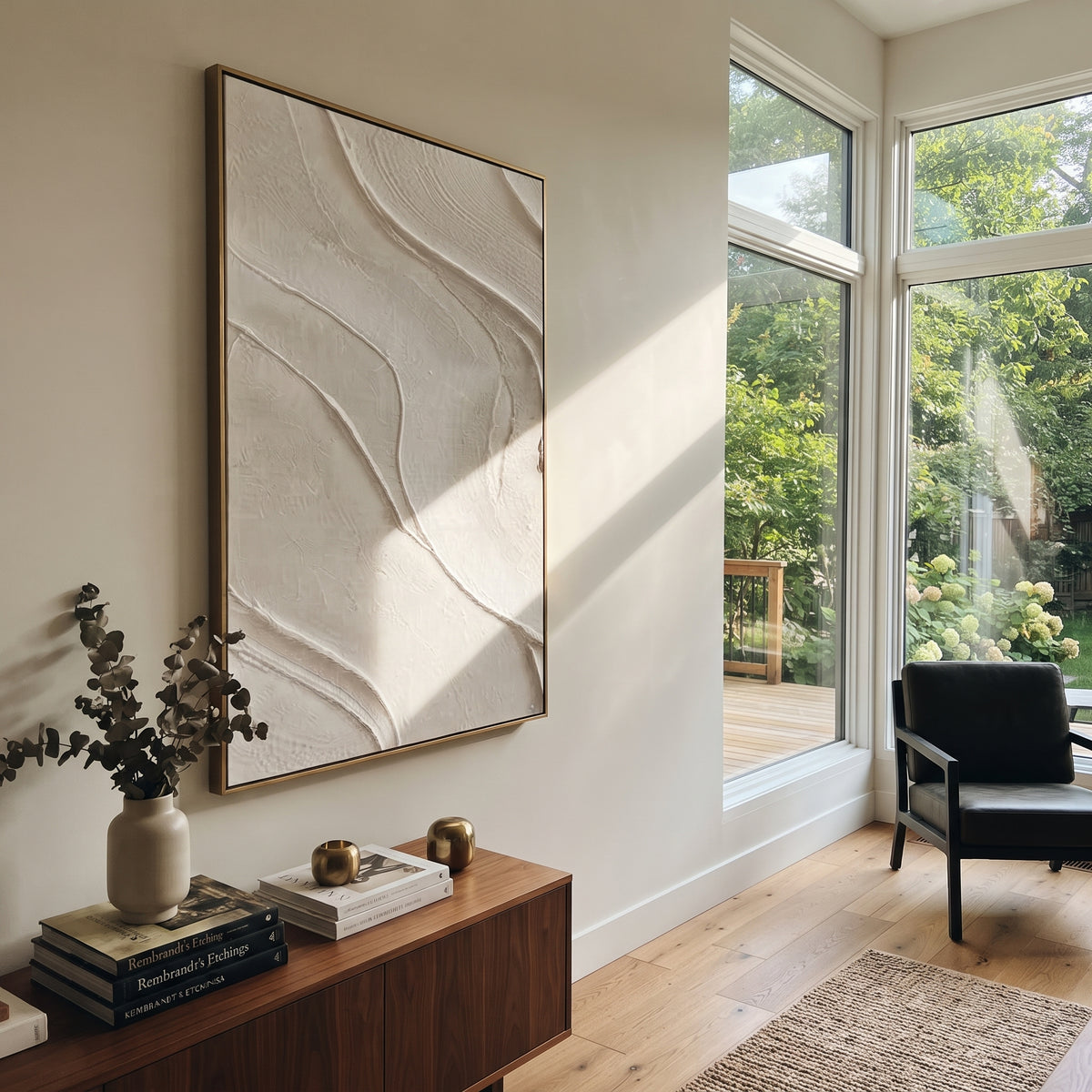 Slate Onyx Neutral Crossing Tension - textured abstract painting shown in modern room setting 2