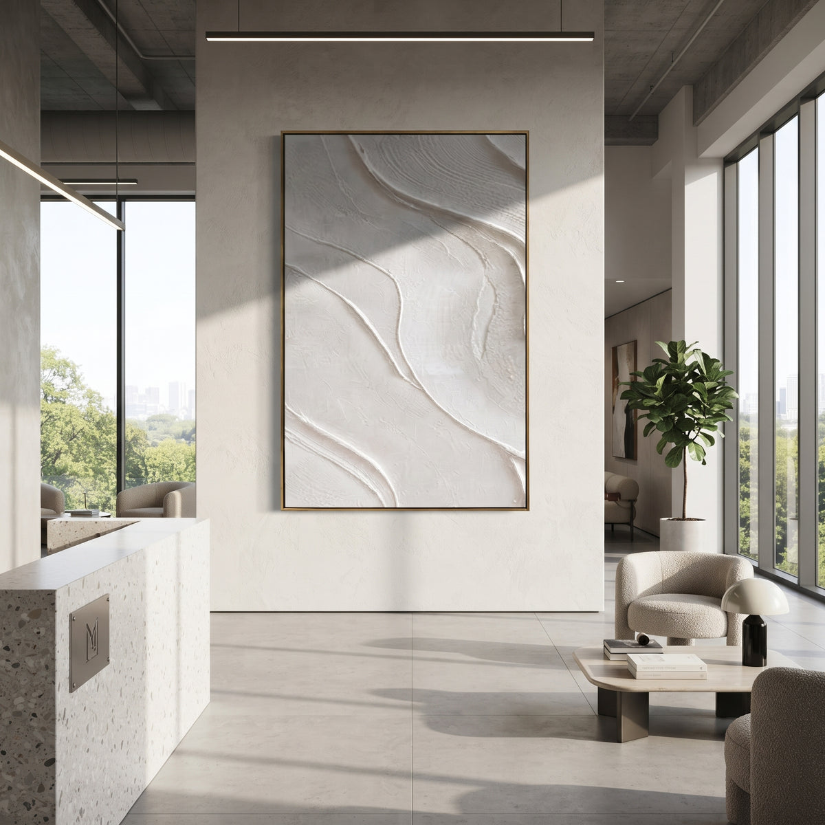 Slate Onyx Neutral Crossing Tension - textured abstract painting shown in modern room setting 3