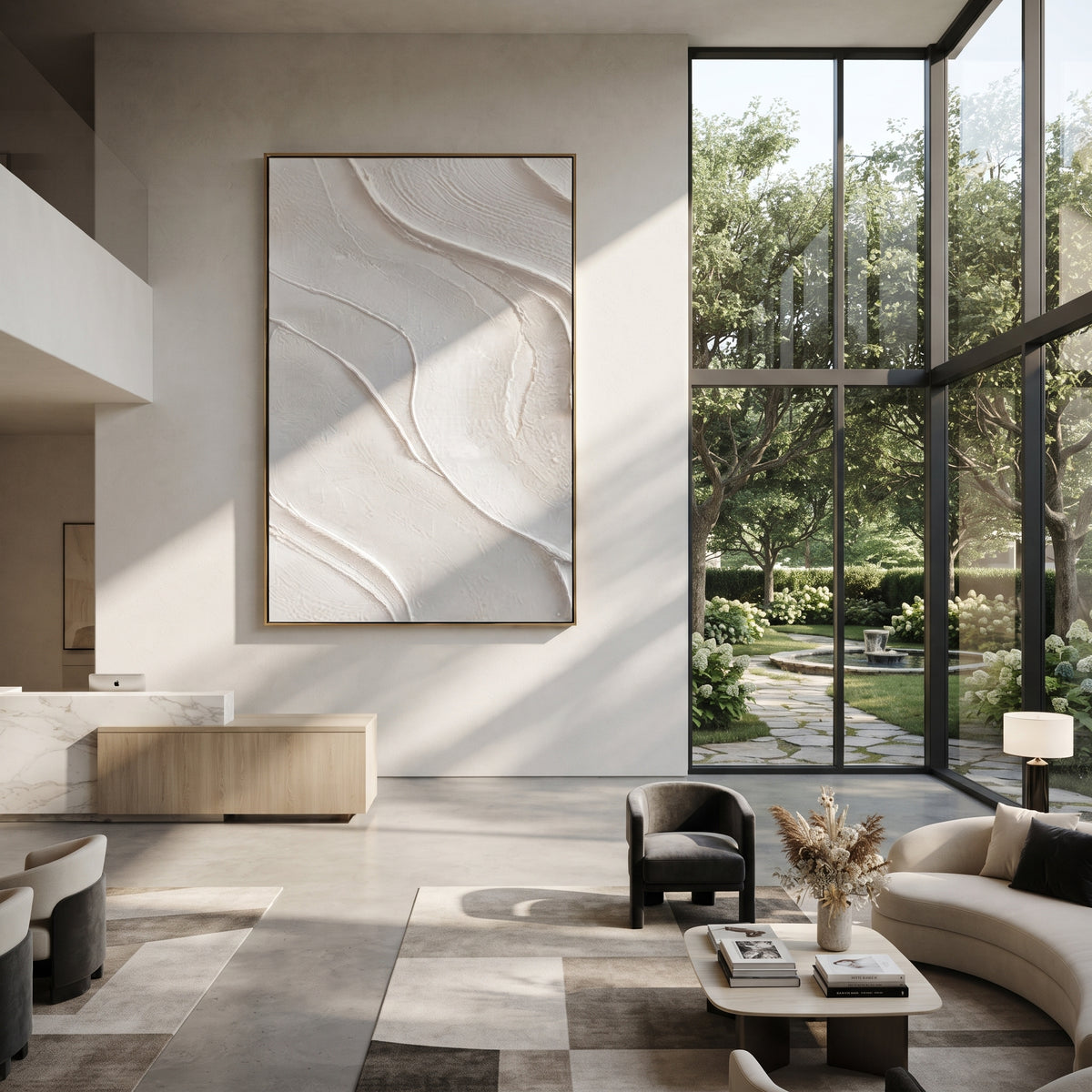 Slate Onyx Neutral Crossing Tension - textured abstract painting shown in modern room setting 5