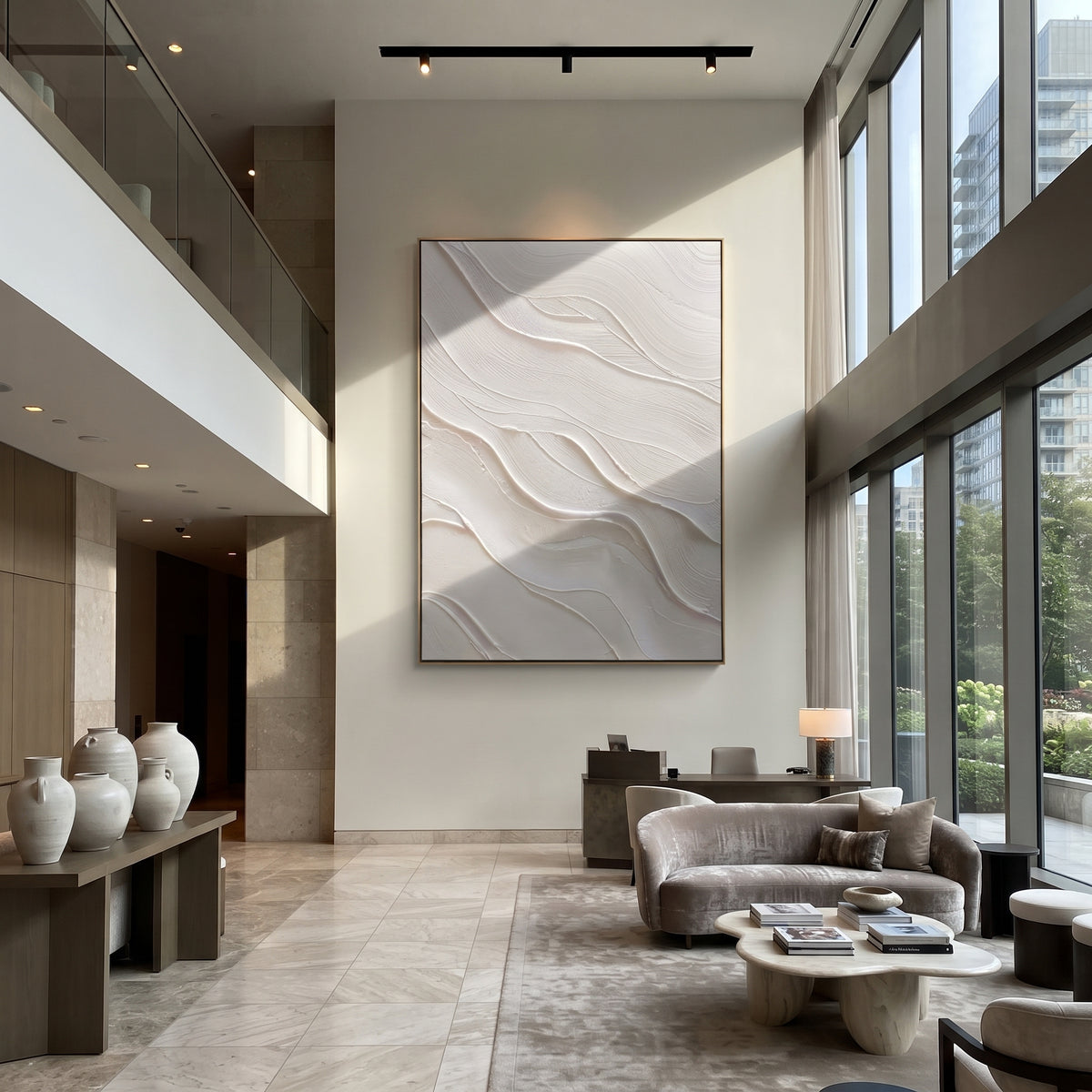 Slate Onyx Linen Rhythm Quiet - textured abstract painting displayed in a styled interior