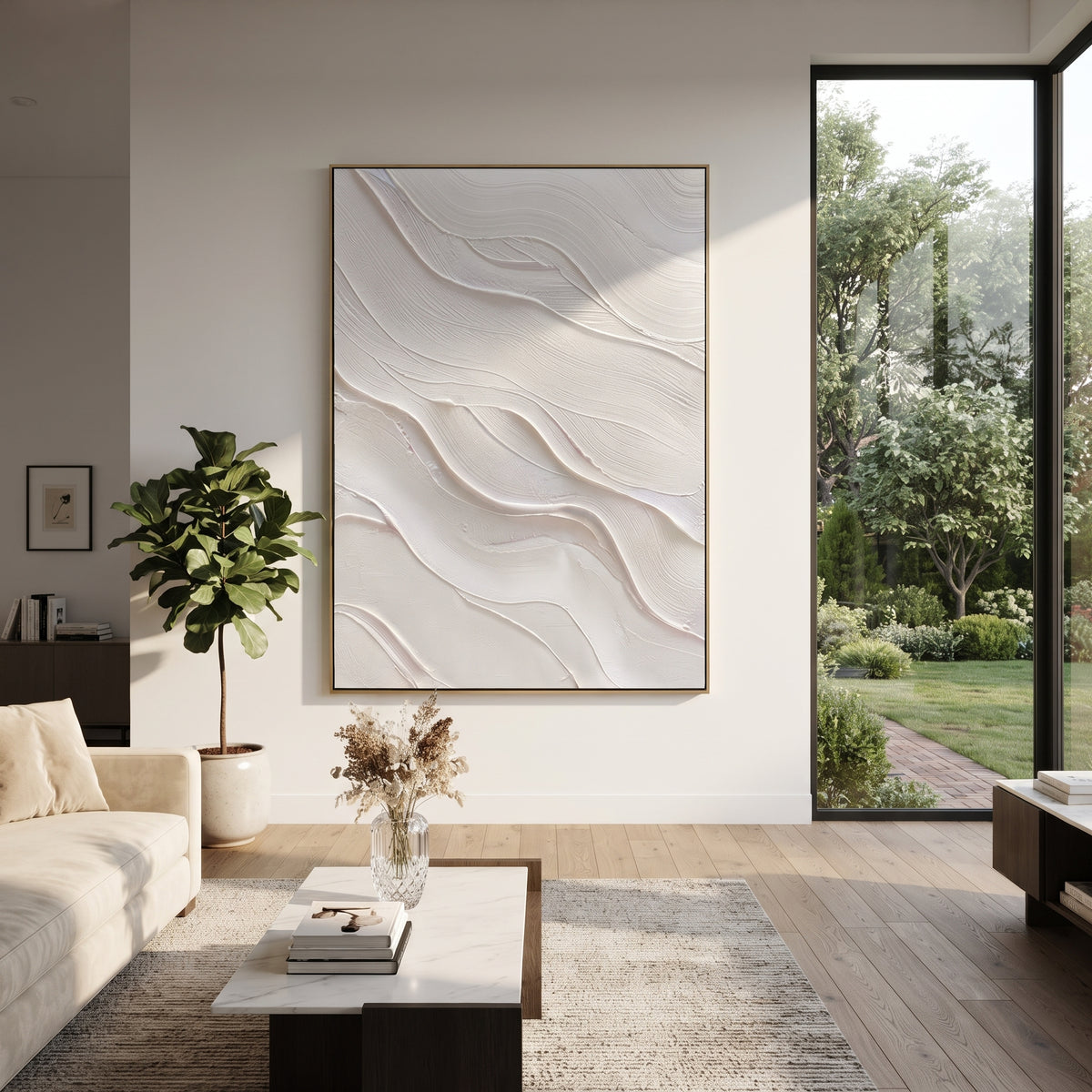 Slate Onyx Linen Rhythm Quiet - textured abstract painting shown in modern room setting 4
