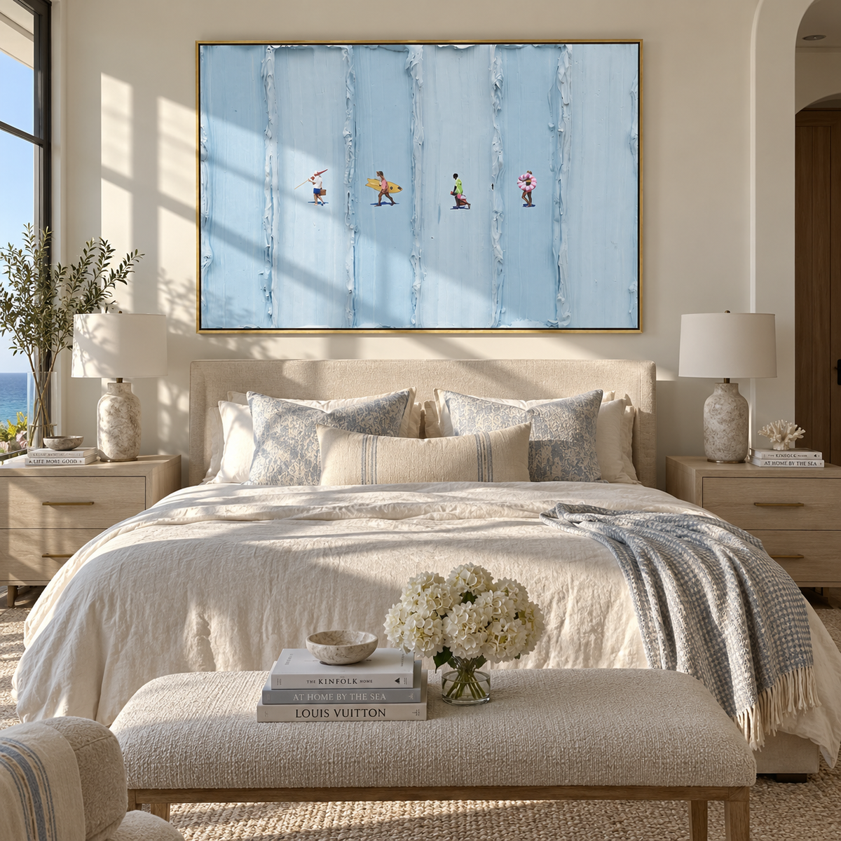 Azure Onyx Figures Relief Form - textured figurative painting displayed in a styled interior