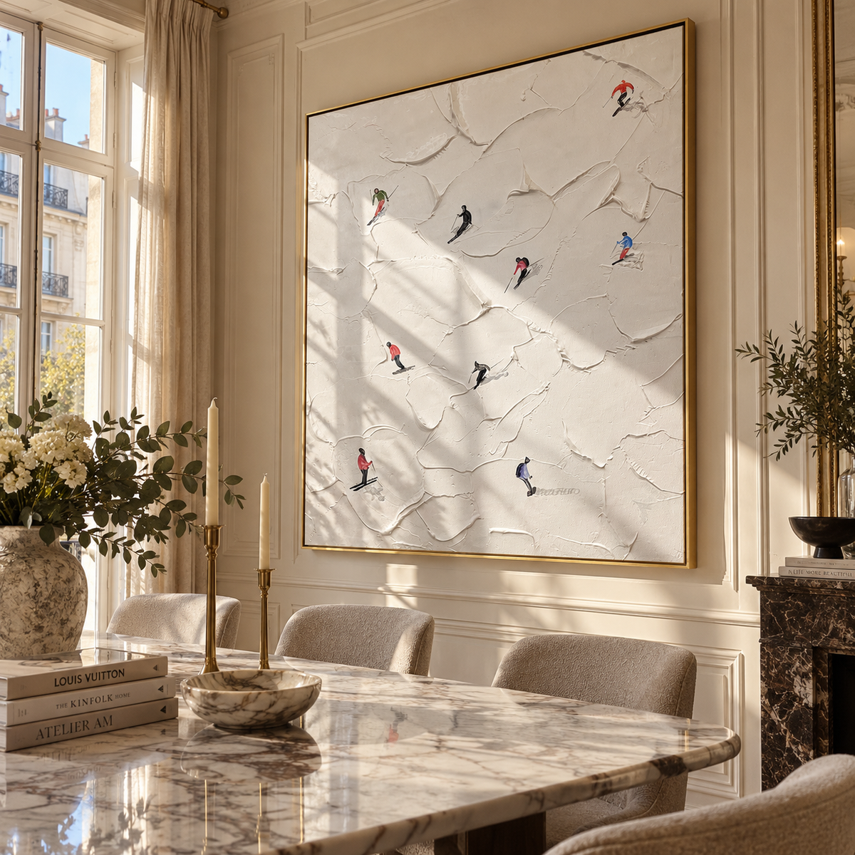 Slate Onyx Skiers Horizon Silence - textured skiing painting displayed in a styled interior