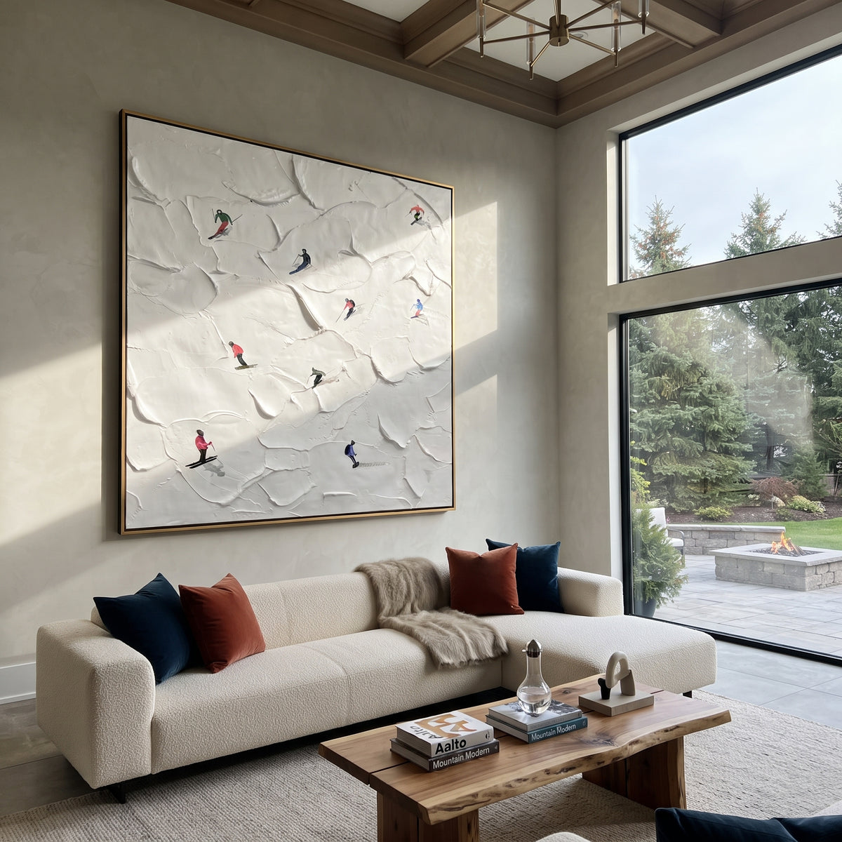 Slate Onyx Skiers Horizon Silence - textured skiing painting shown in modern room setting 2