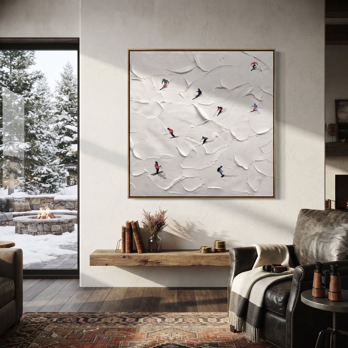 Slate Onyx Skiers Horizon Silence - textured skiing painting shown in modern room setting 3
