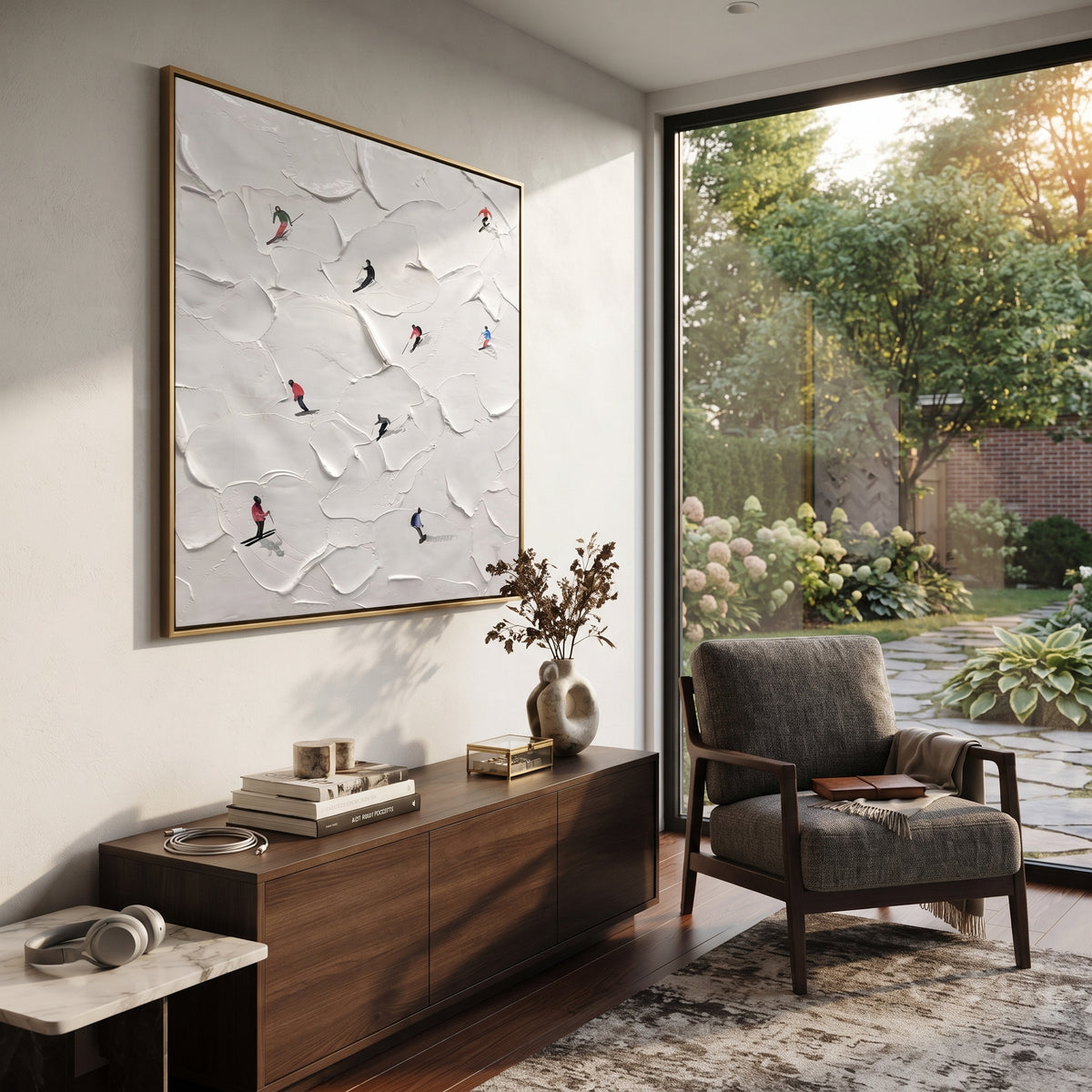 Slate Onyx Skiers Horizon Silence - textured skiing painting shown in modern room setting 4