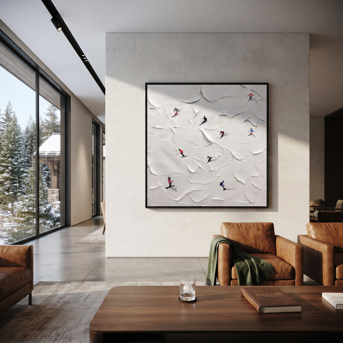 Slate Onyx Skiers Horizon Silence - textured skiing painting shown in modern room setting 5