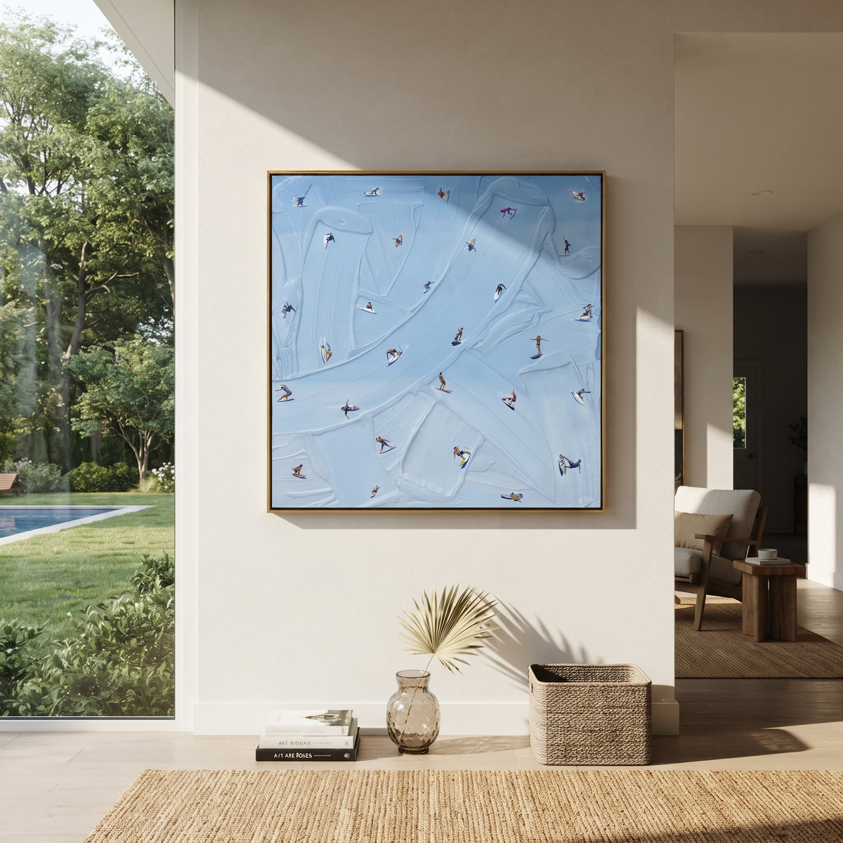 Azure Slate Swimmers Fragments Pause - textured swimmer painting shown in modern room setting 2