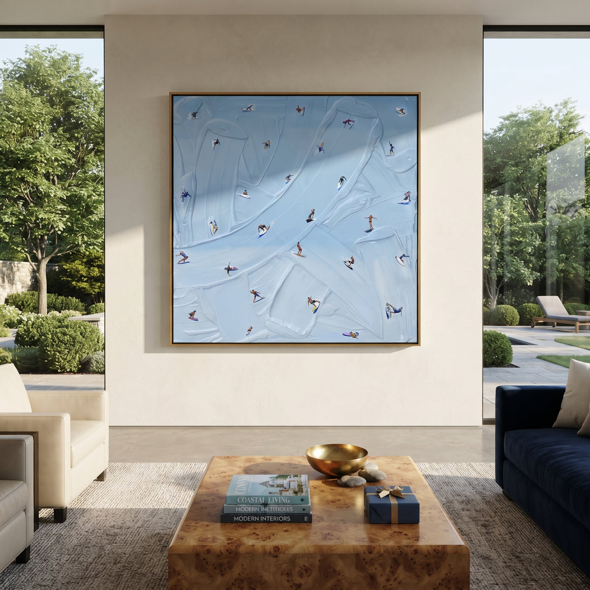 Azure Slate Swimmers Fragments Pause - textured swimmer painting shown in modern room setting 4
