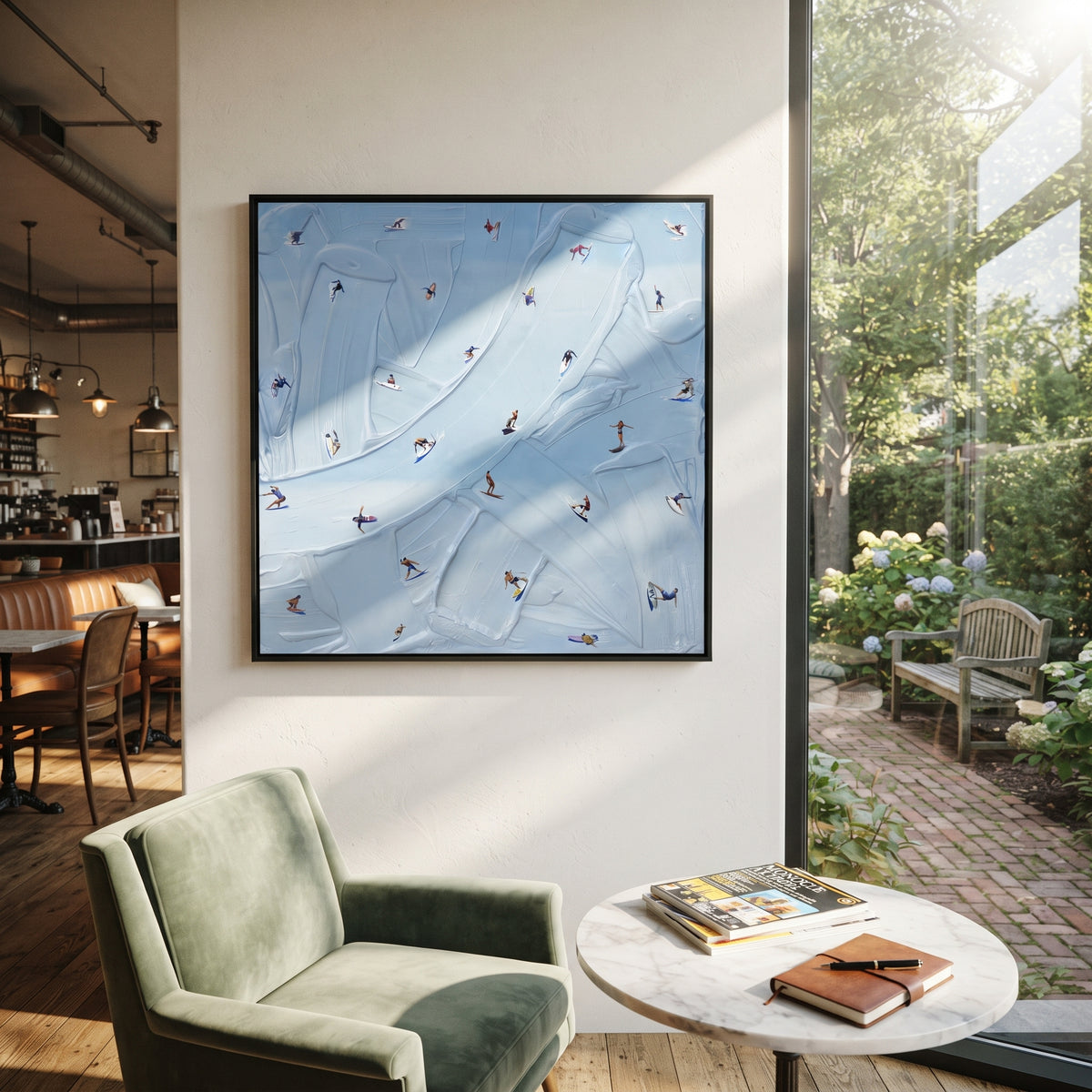 Azure Slate Swimmers Fragments Pause - textured swimmer painting shown in modern room setting 5