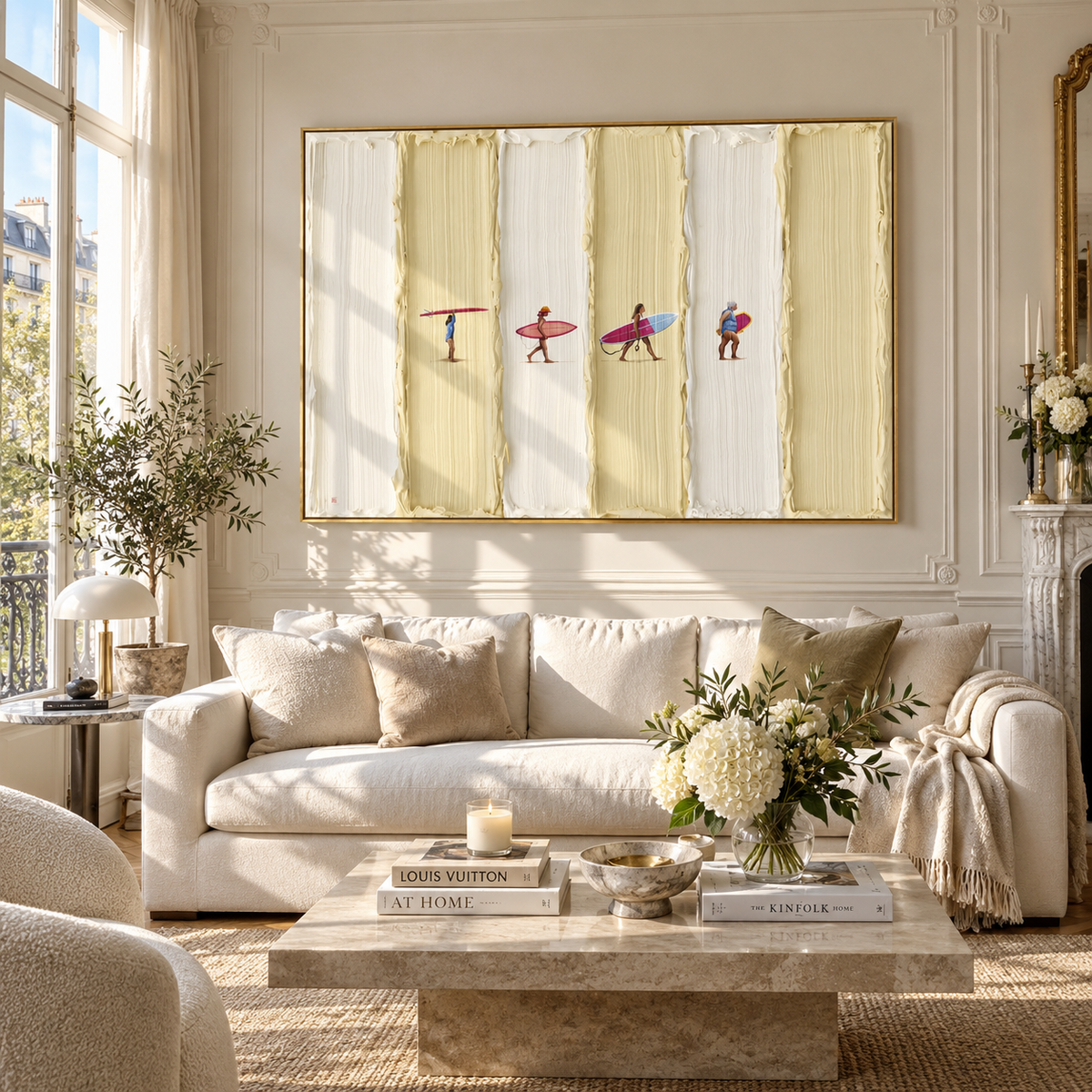 Ivory Gilded Figures Field Balance - textured figurative painting shown in modern room setting 2