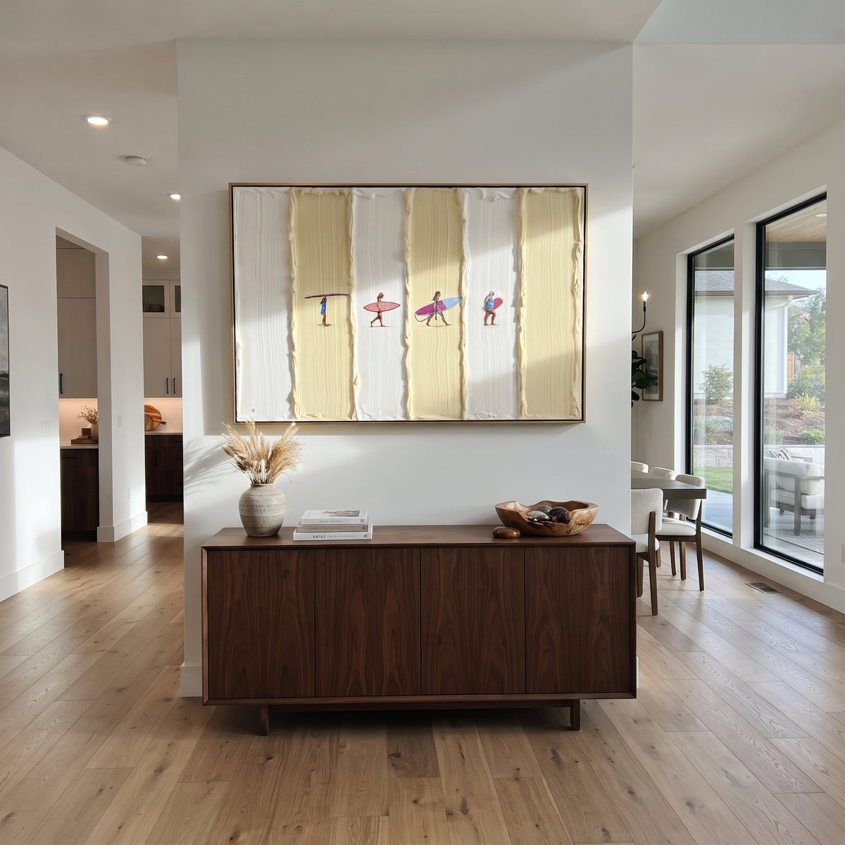 Ivory Gilded Figures Field Balance - textured figurative painting shown in modern room setting 5