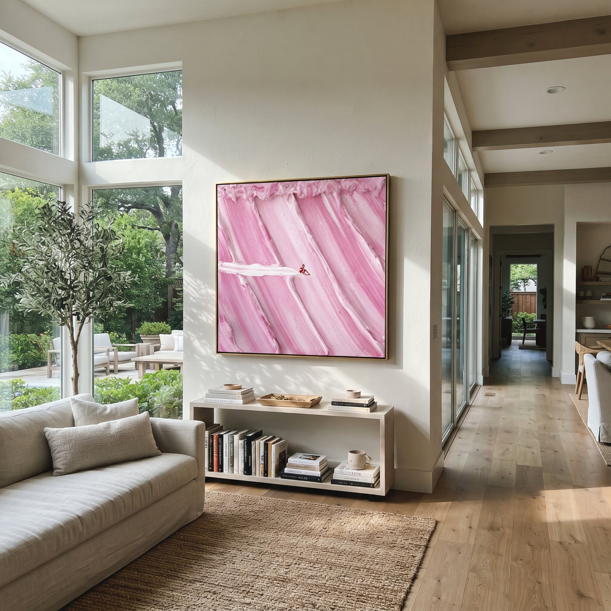 Linen Blush Slate Passage Resonance - textured abstract painting shown in modern room setting 2