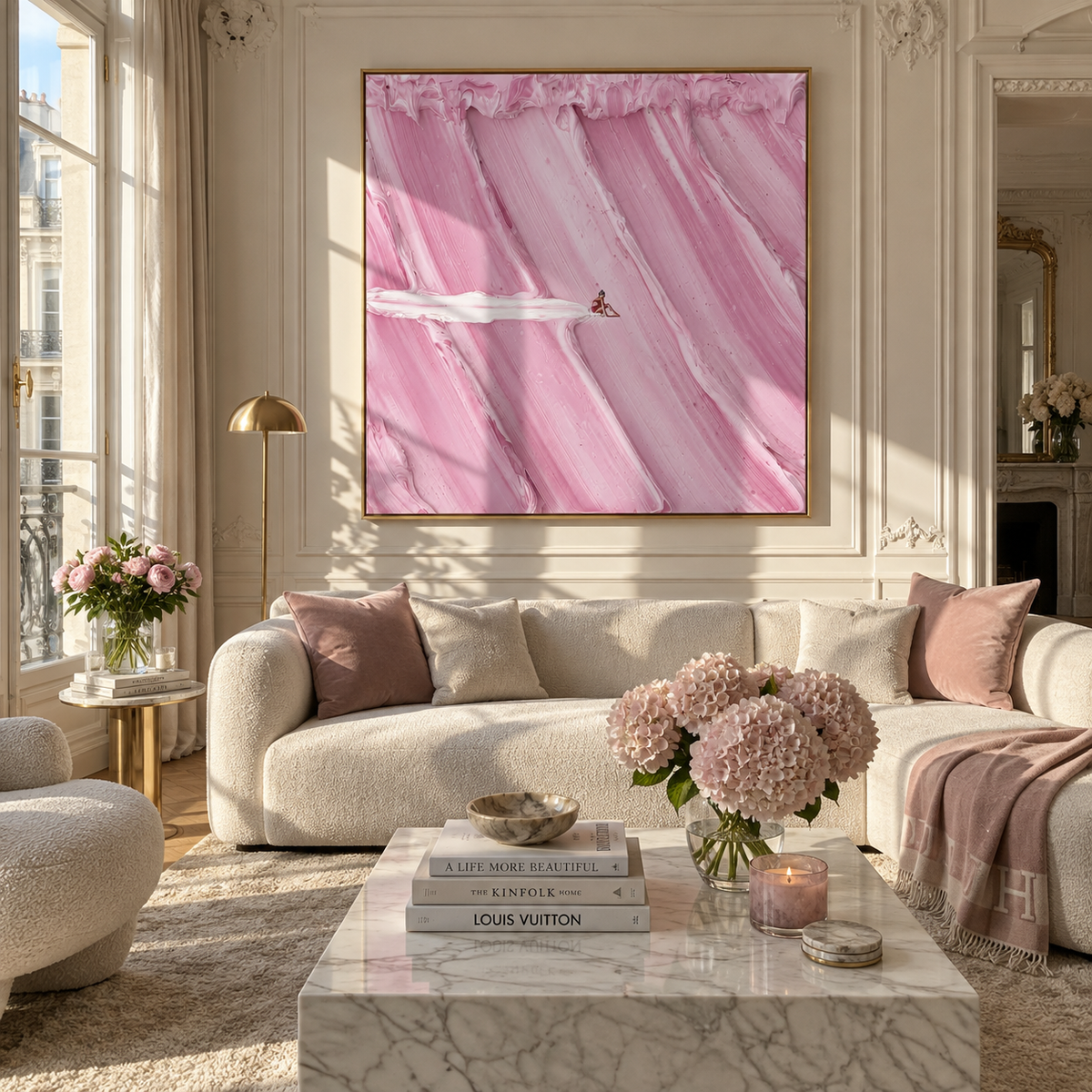 Linen Blush Slate Passage Resonance - textured abstract painting shown in modern room setting 4