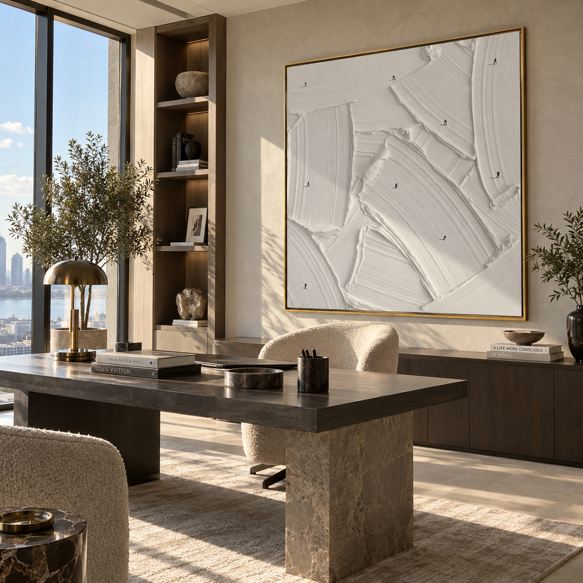 Slate Onyx Neutral Tides Calm - textured abstract painting displayed in a styled interior