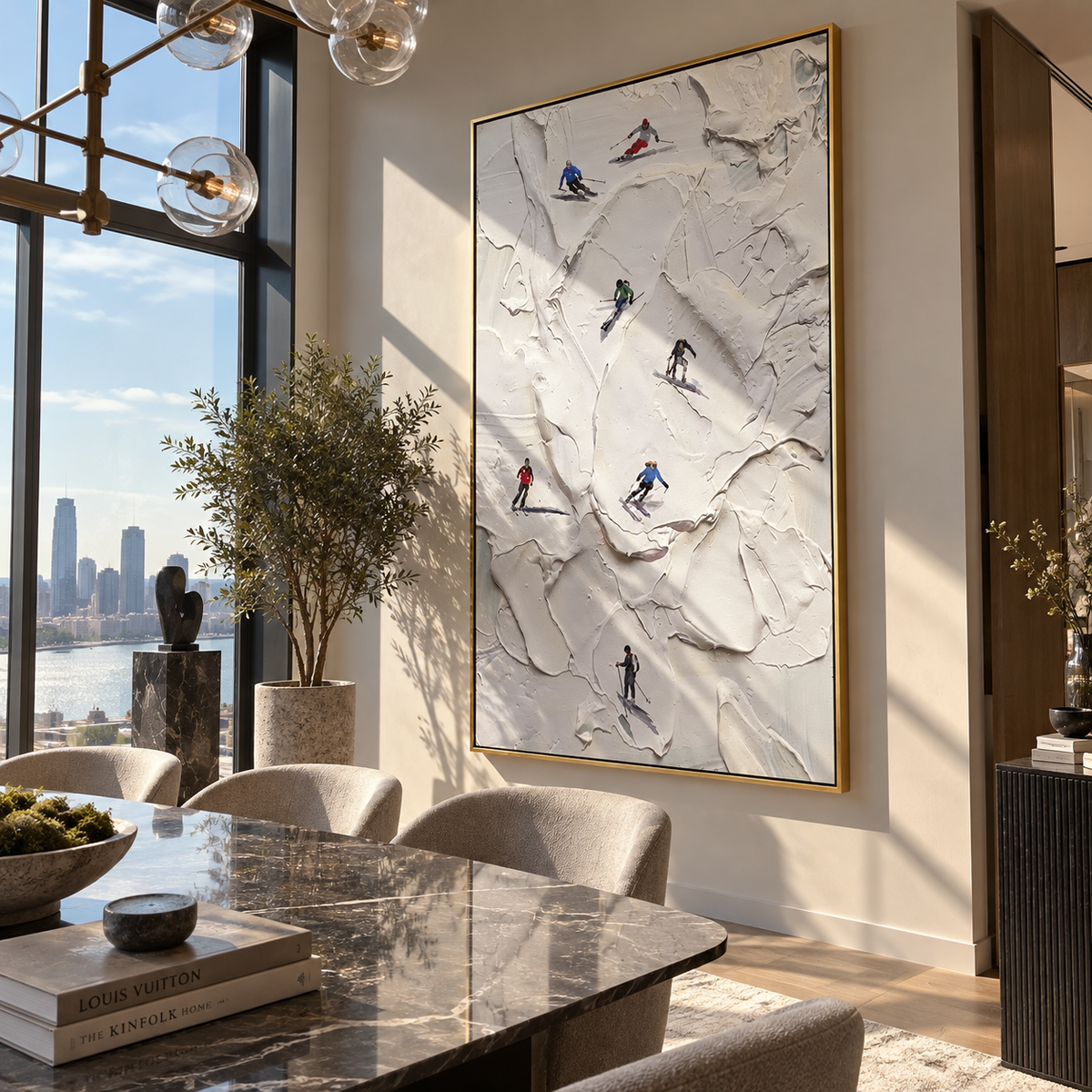 Ivory Slate Skiers Currents Stillness - textured skiing painting displayed in a styled interior