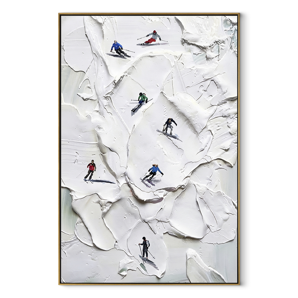 Ivory Slate Skiers Currents Stillness - textured skiing painting in a wood frame on white