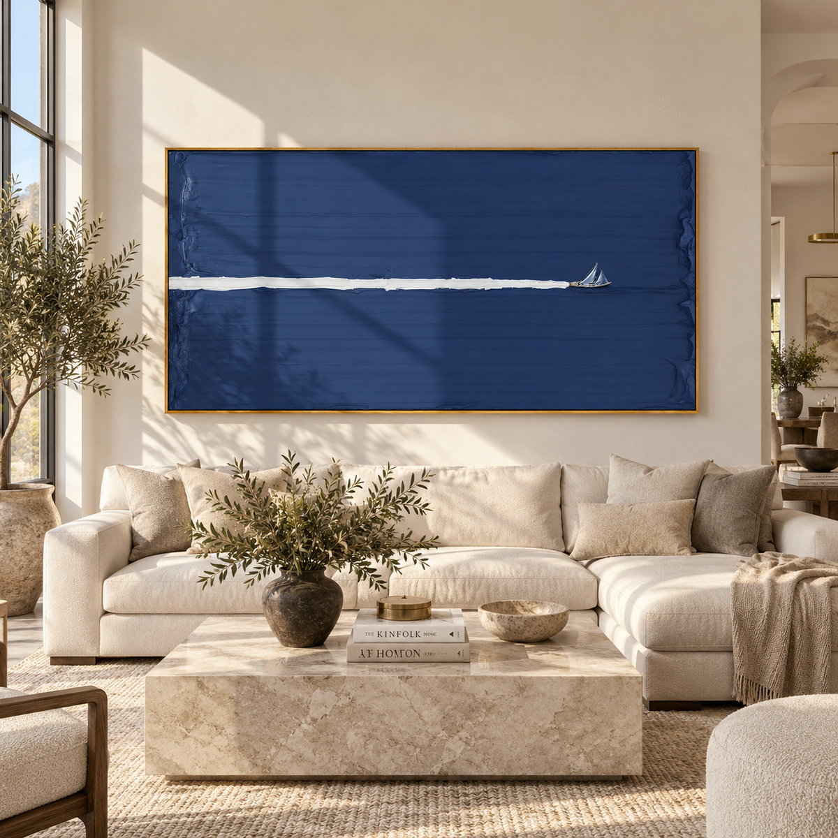 Azure Onyx Sails Layers Air - textured sailboat painting displayed in a styled interior