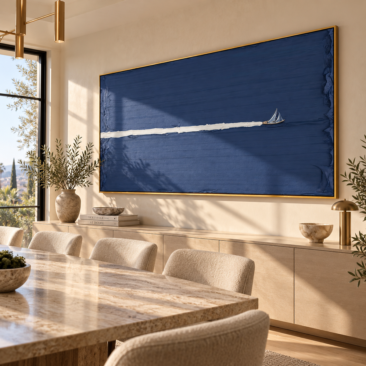 Azure Onyx Sails Layers Air - textured sailboat painting shown in modern room setting 5