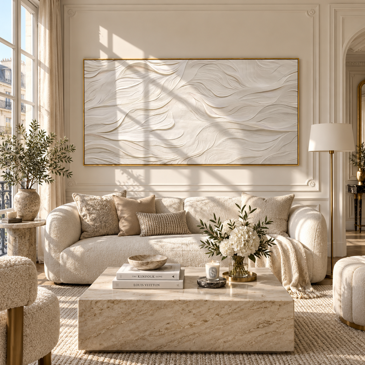 Slate Onyx Horizon Intervals Cadence - textured landscape painting displayed in a styled interior