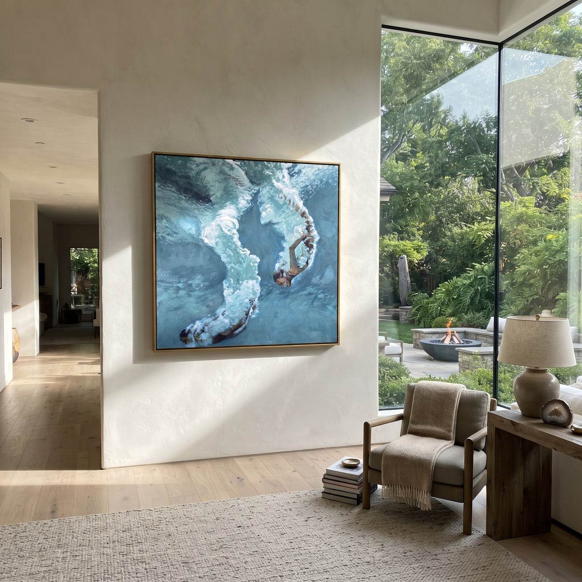Azure Slate Swimmers Drift Dusk - textured swimmer painting shown in modern room setting 2