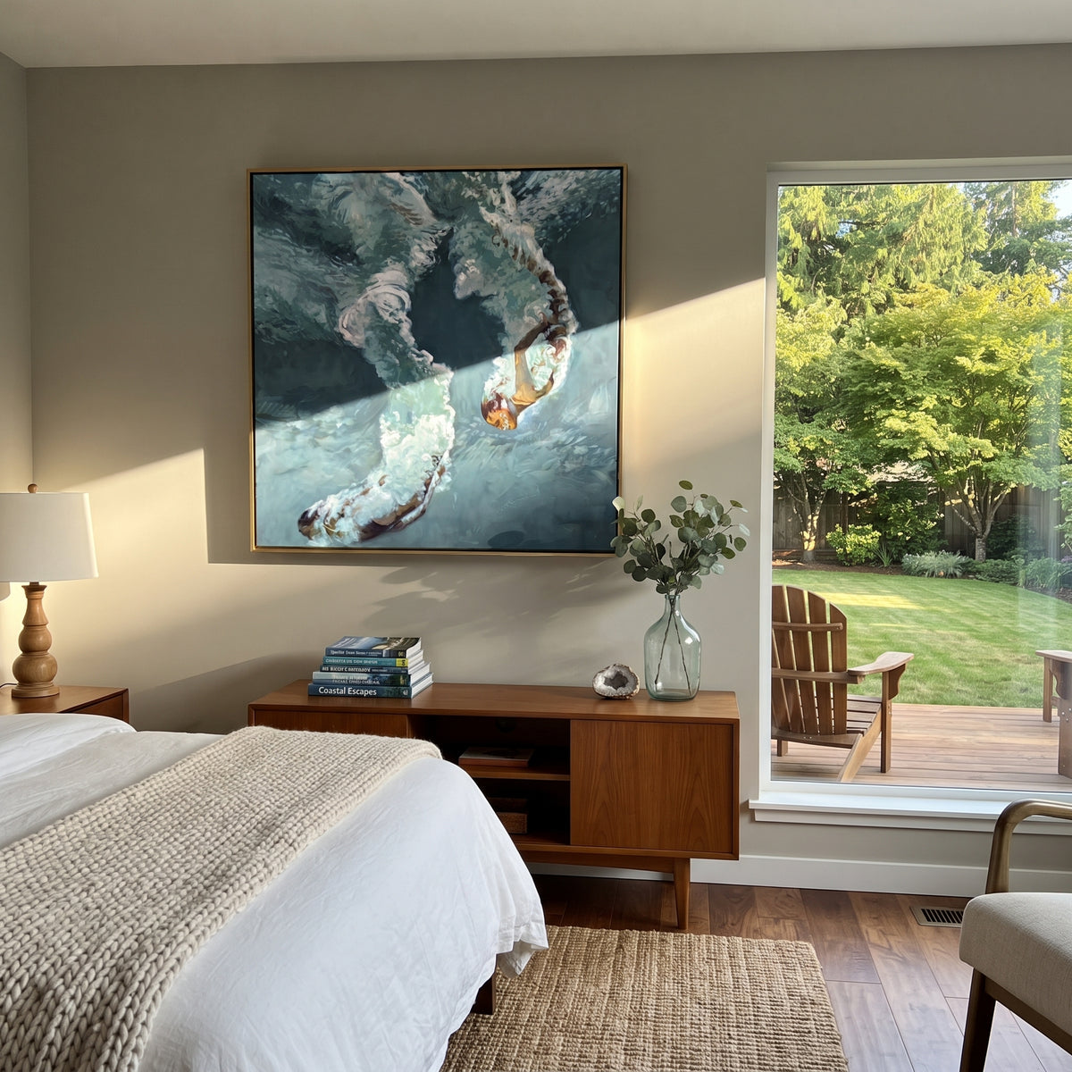 Azure Slate Swimmers Drift Dusk - textured swimmer painting shown in modern room setting 3