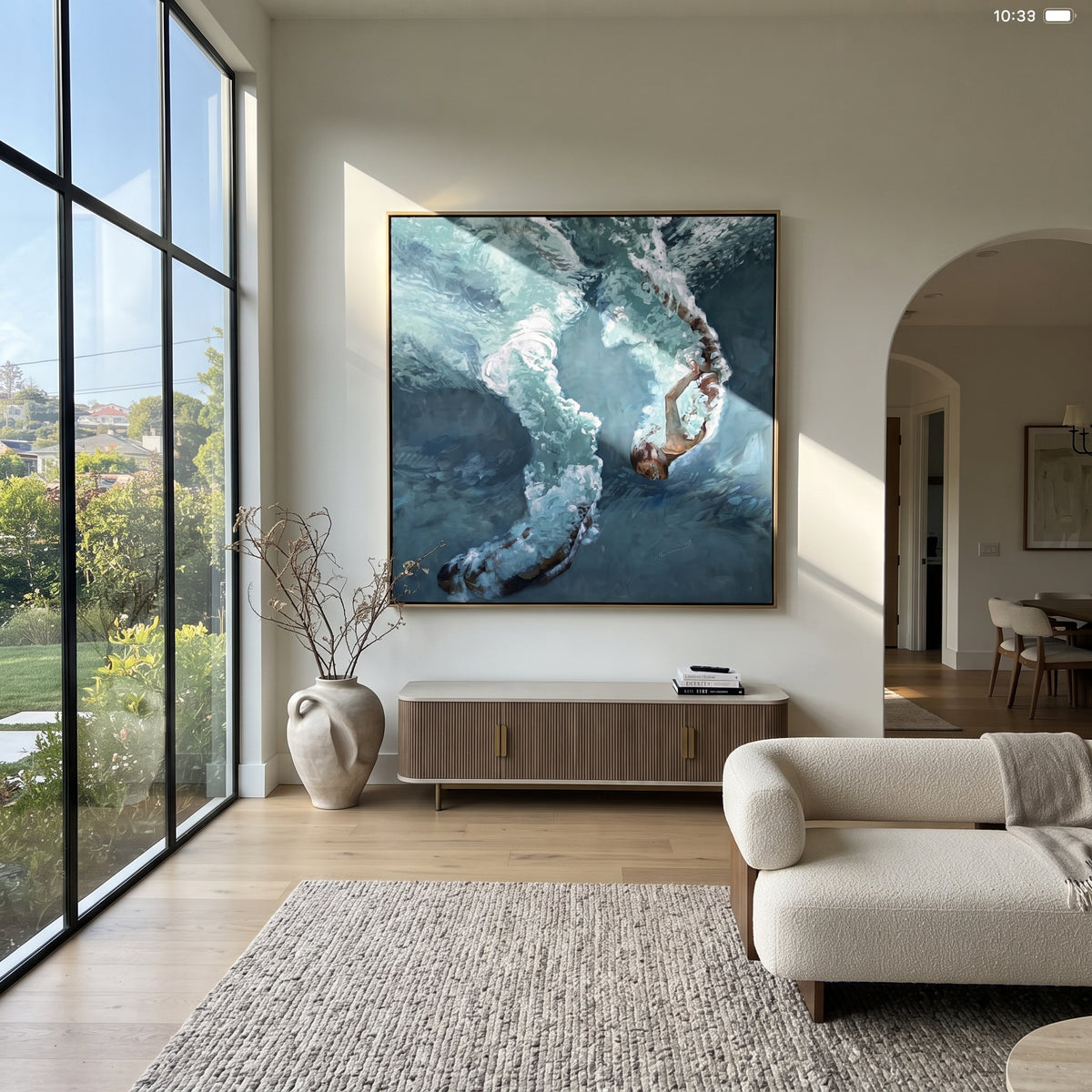 Azure Slate Swimmers Drift Dusk - textured swimmer painting shown in modern room setting 5