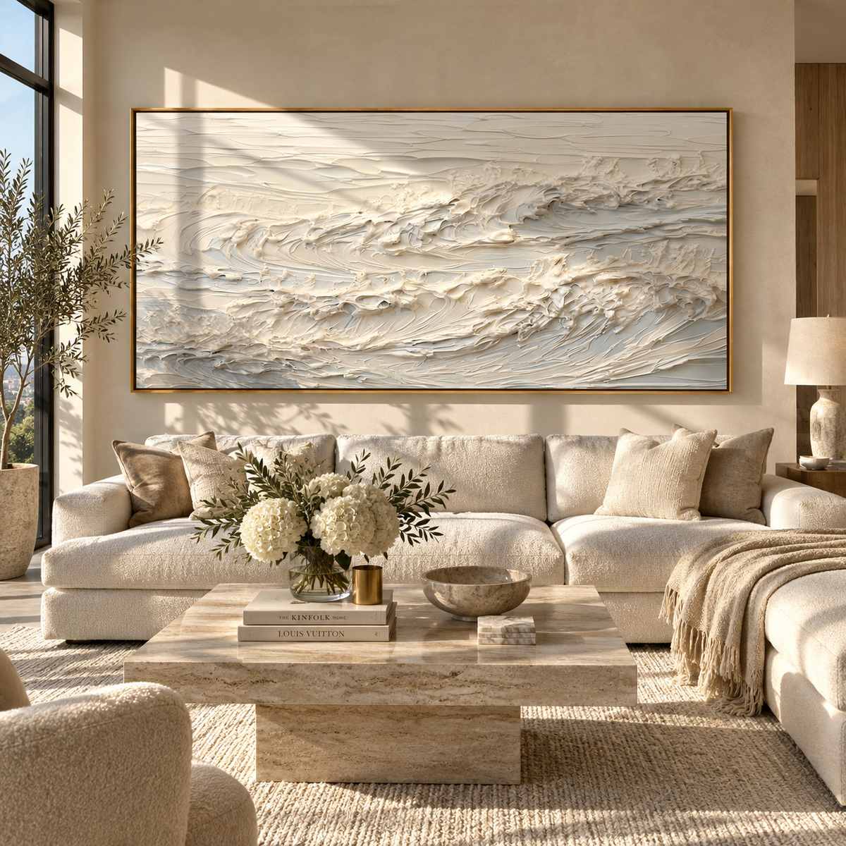 Ivory Slate Horizon Contours Interval - textured landscape painting displayed in a styled interior