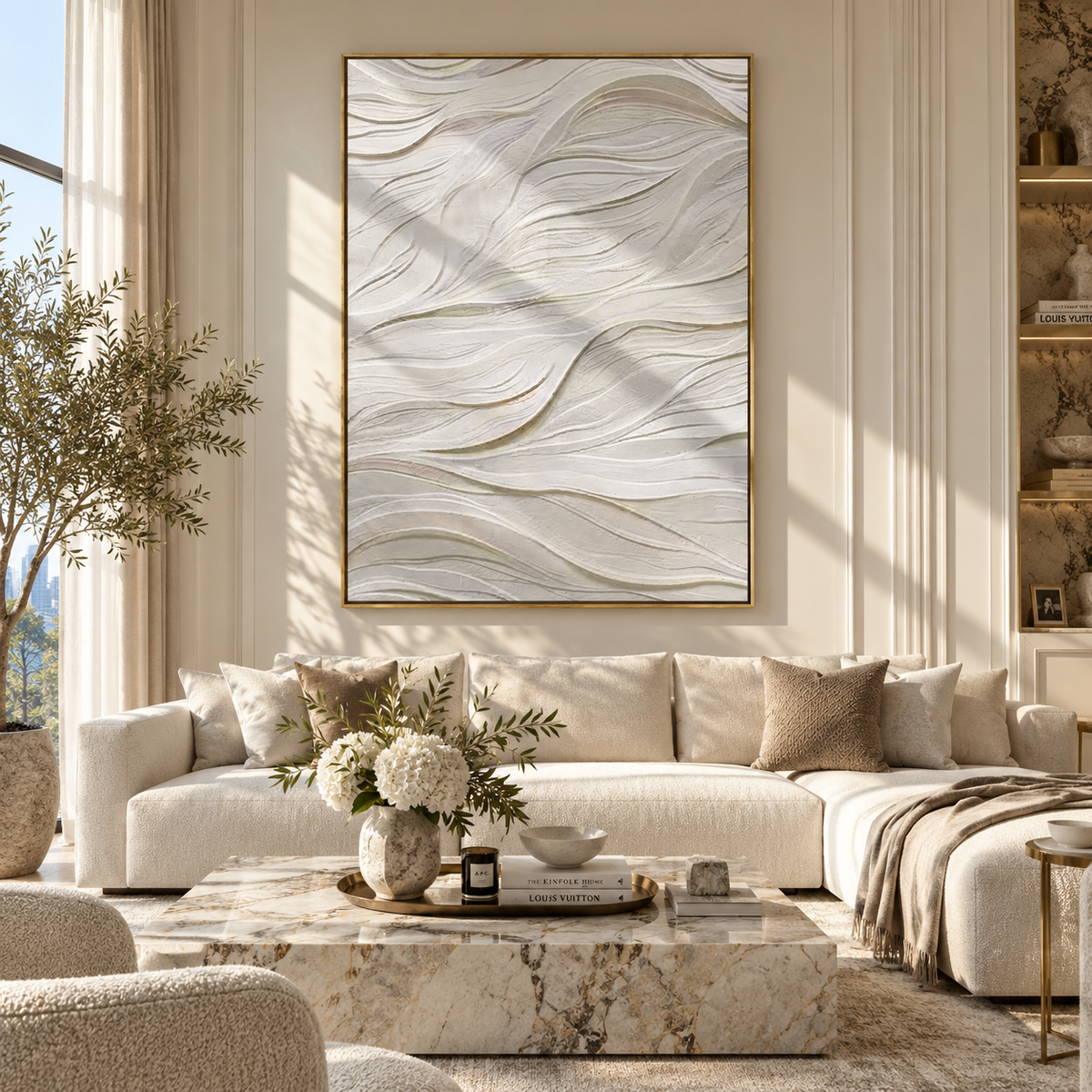 Slate Onyx Linen Echo Light - textured abstract painting displayed in a styled interior