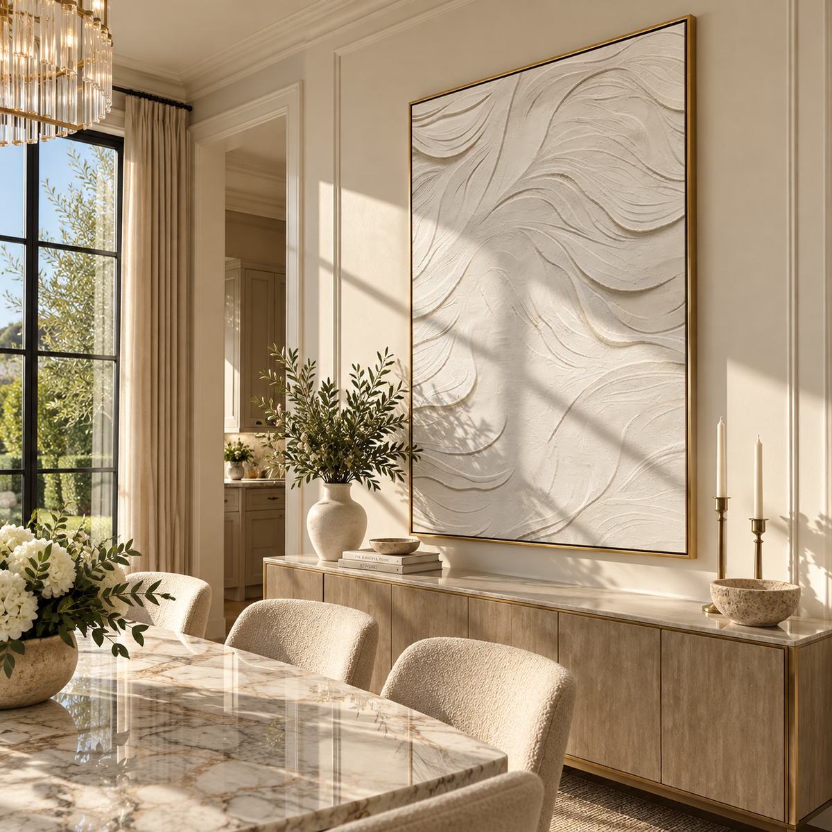 Slate Onyx Linen Rhythm Tension - textured abstract painting displayed in a styled interior