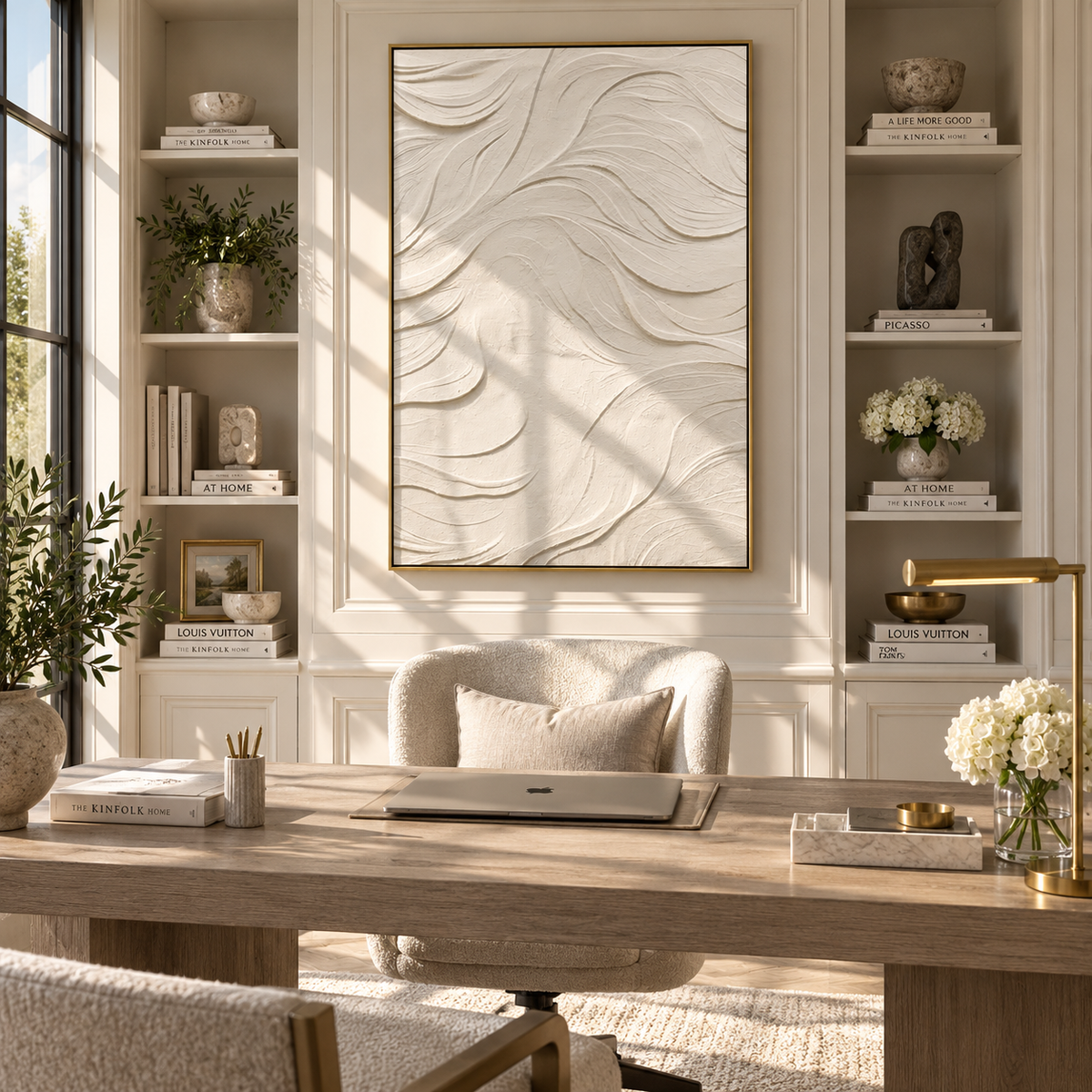 Slate Onyx Linen Rhythm Tension - textured abstract painting shown in modern room setting 2