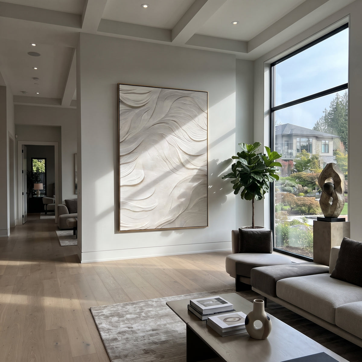 Slate Onyx Linen Rhythm Tension - textured abstract painting shown in modern room setting 5