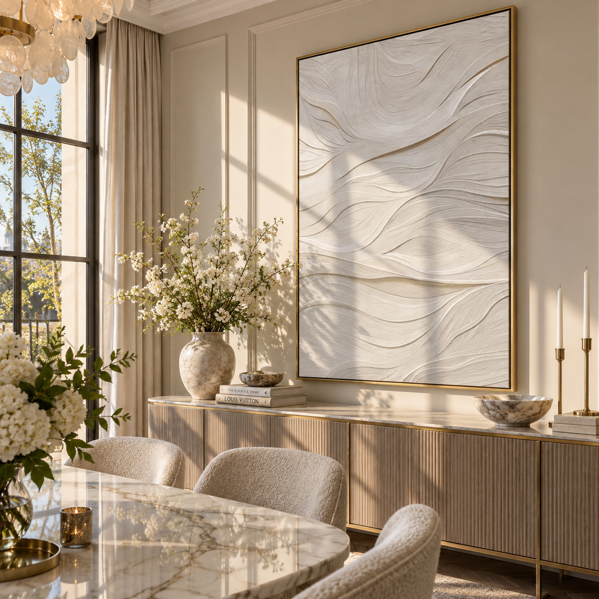 Slate Onyx Gilded Relief Space - textured abstract painting displayed in a styled interior